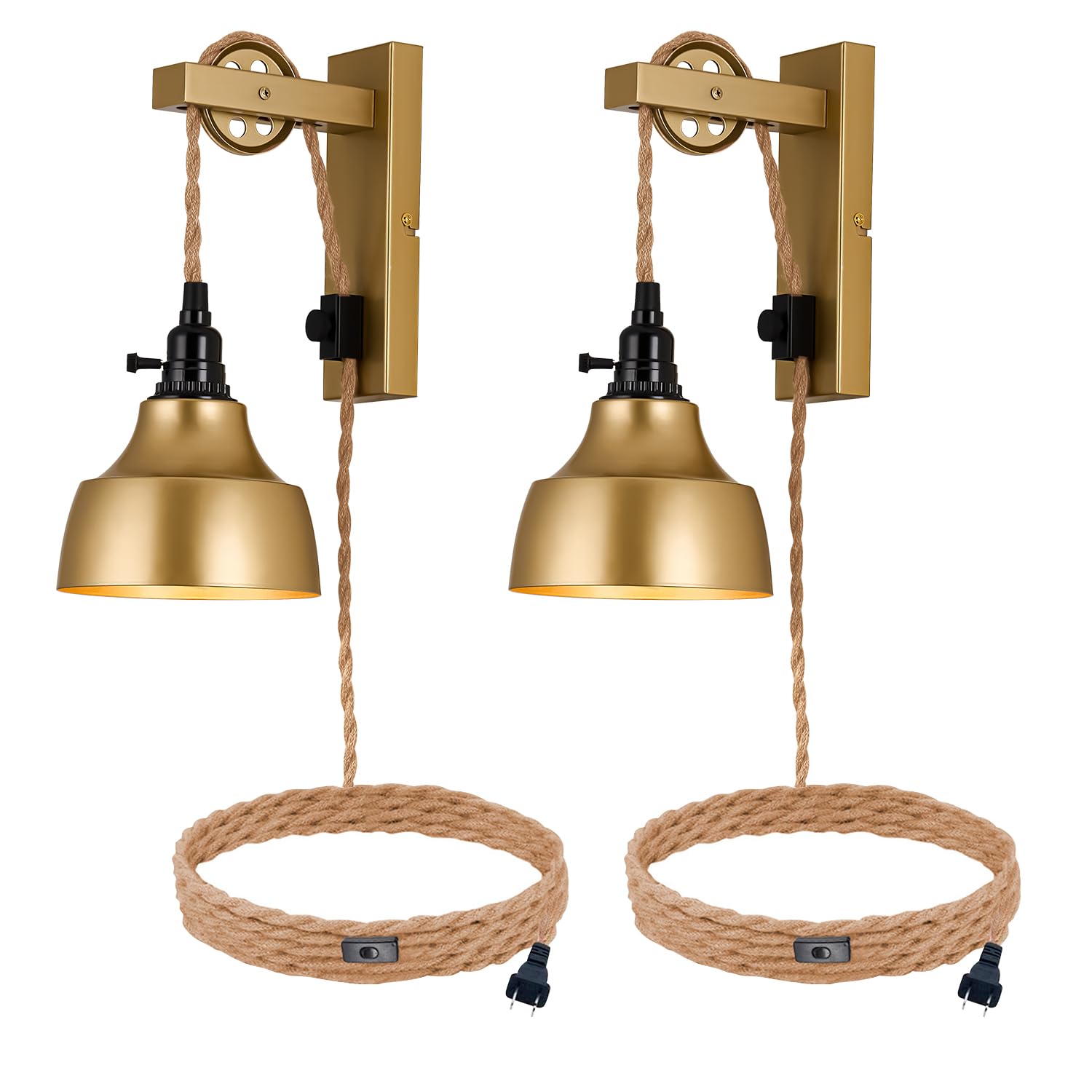 Gold Plug in Wall Sconces Pulley Wall Lamps Vintage Hanging Light Fixture Wall Lights with Plug in Cord On/Off Switch Set of Two Black Wall Lamp for Bedroom, Living Room and Hotel