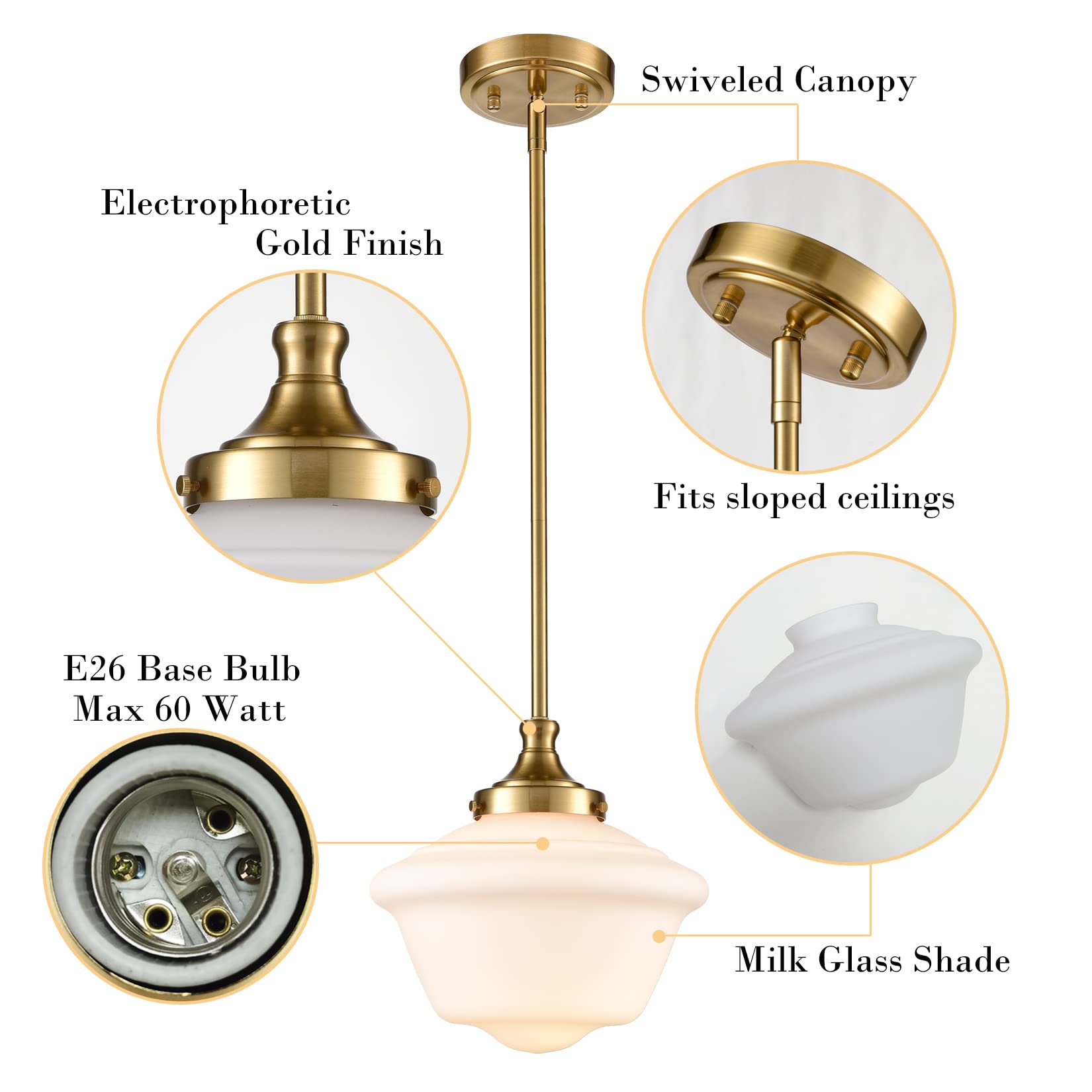 Gold Semi Flush Mount Ceiling Light Modern Schoolhouse Ceiling Light Fixture Milk Glass Flush Mount Ceiling Light for Hallway Bedroom Kitchen Living Room, 10 Inches