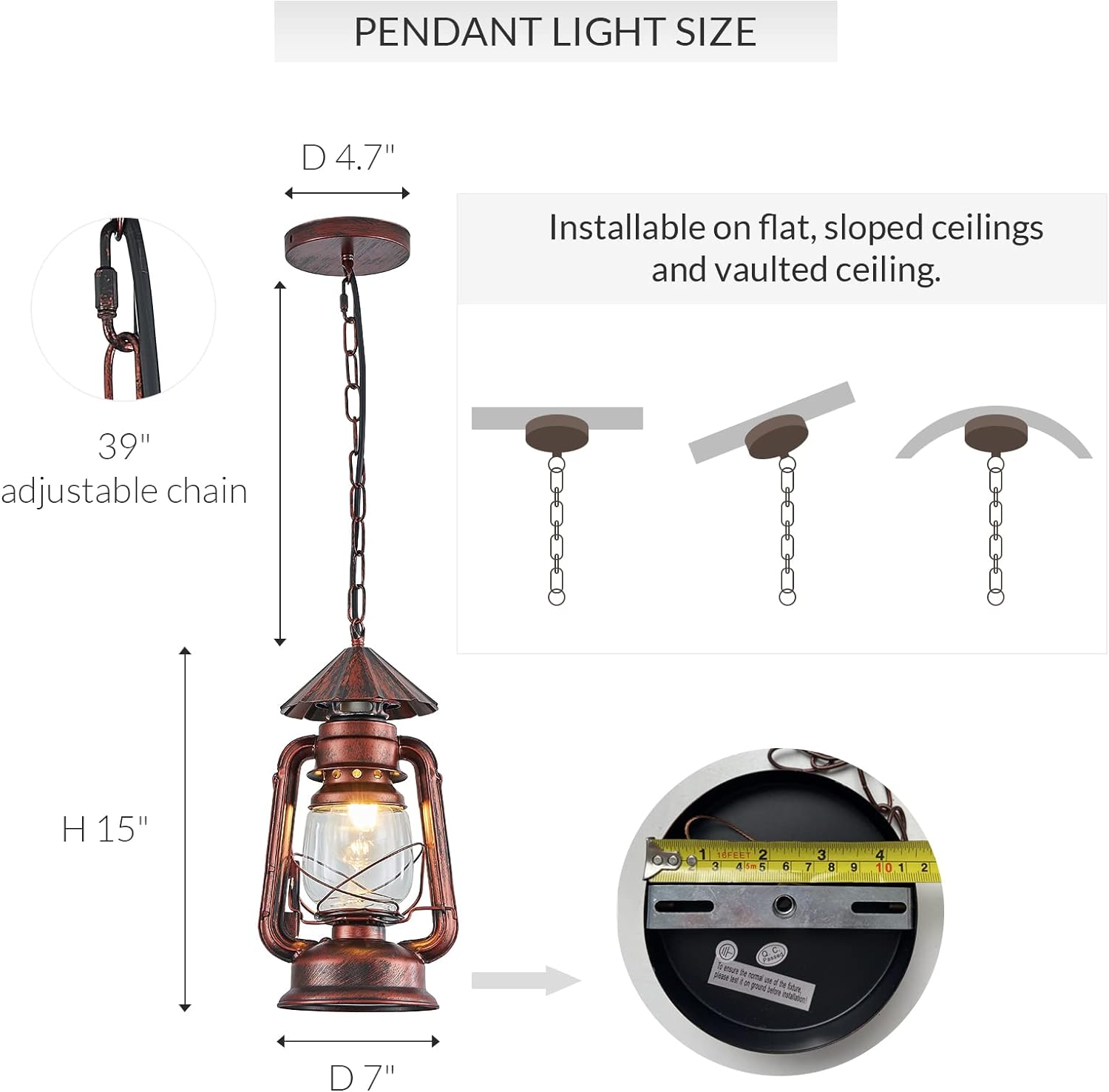 Vintage Pendant Light Lantern Ceiling Light Fixture with Glass Shade Adjustable Chain for Kitchen Island Farmhouse Loft Porch Width 7 Inch x Height 15 Inch