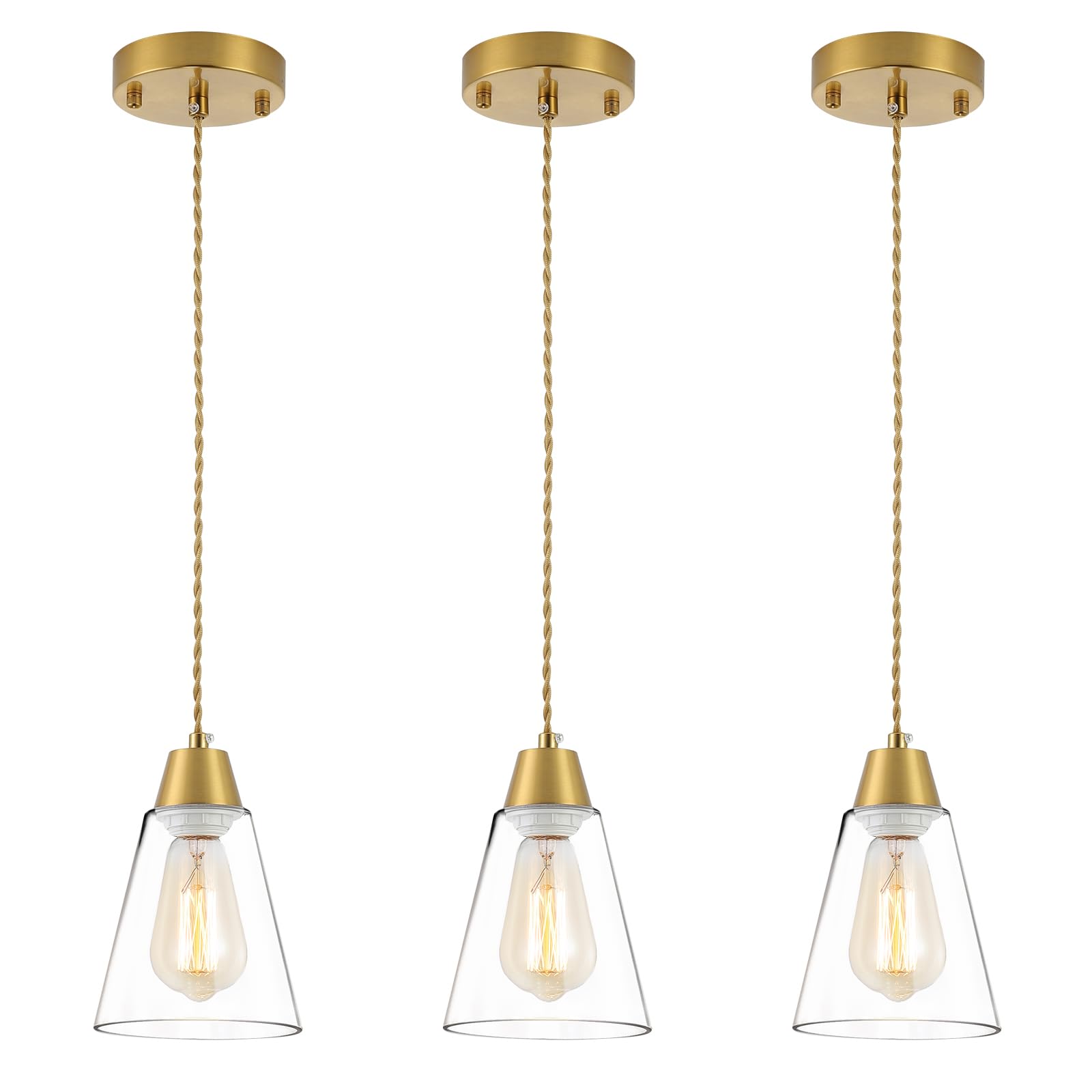 Gold Pendant Light 3 Pack,Brass Pendant Lights Kitchen Island, Dining Room Lamp Fixtures Over Table with Clear Glass Shade, Modern Mini Chandeliers,Adjustable Cord Hanging Lighting for Sink