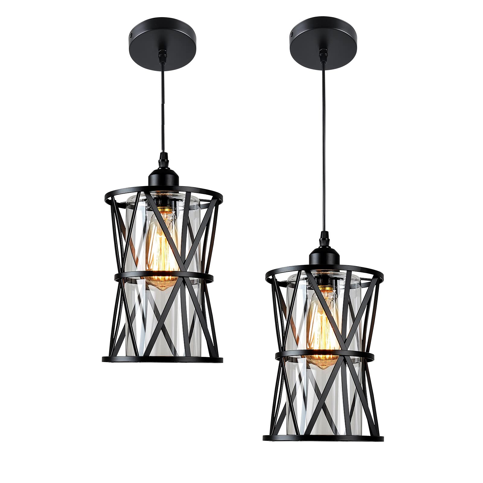 Farmhouse Pendant Light Fixtures, Set of 2 Black Farmhouse Hanging Chandelier Lights with Glass Shade, Mini Industrial Ceiling Lamp for Kitchen Island Dining Room Over Sink Hallway Bedroom