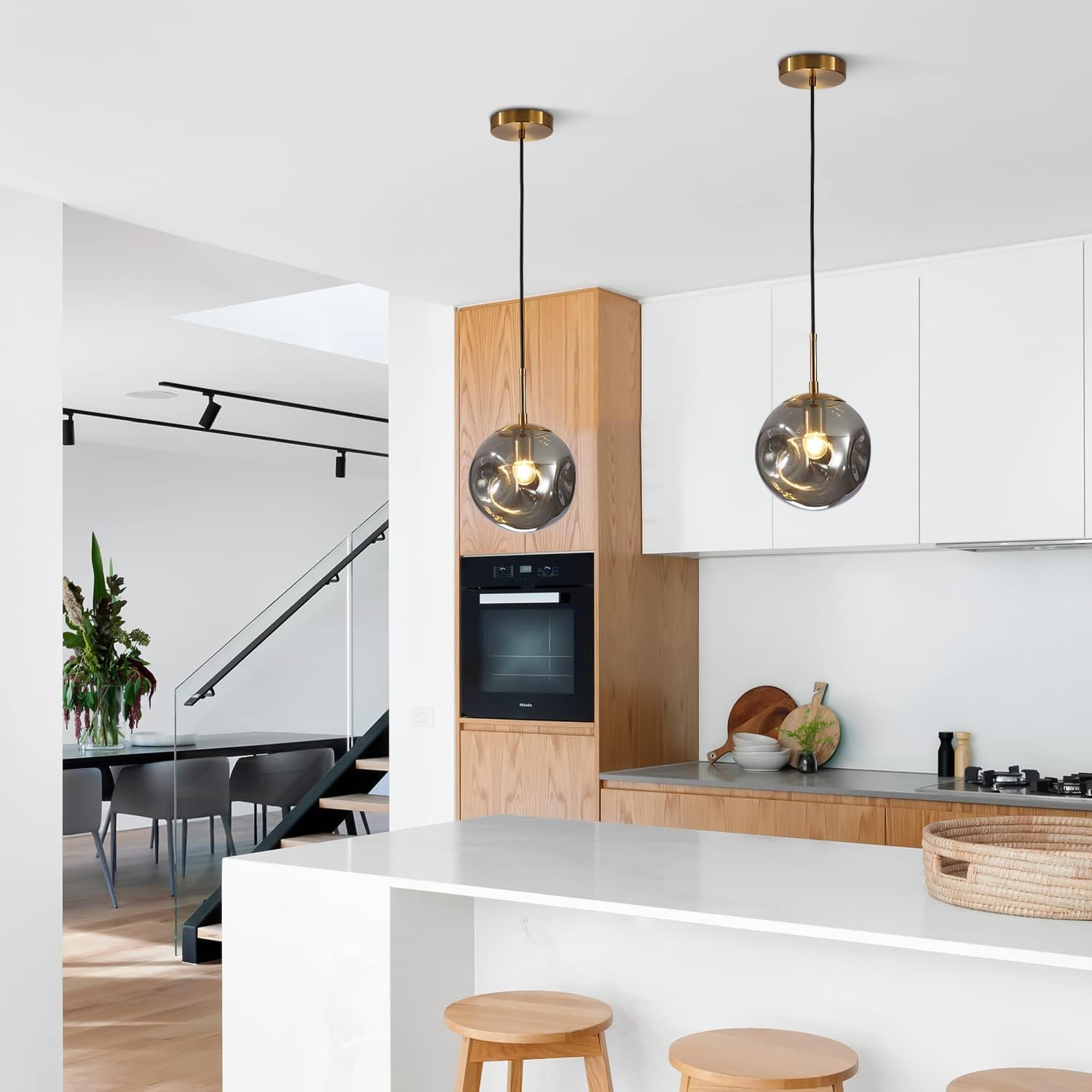 BOKT Modern Gold Kitchen Island Pendant Light Mid Century 3-Lights Globe Pendant Light Fixture Cluster Multi Light Pendant Lighting Bedside Glass Ball Pendant Lamp