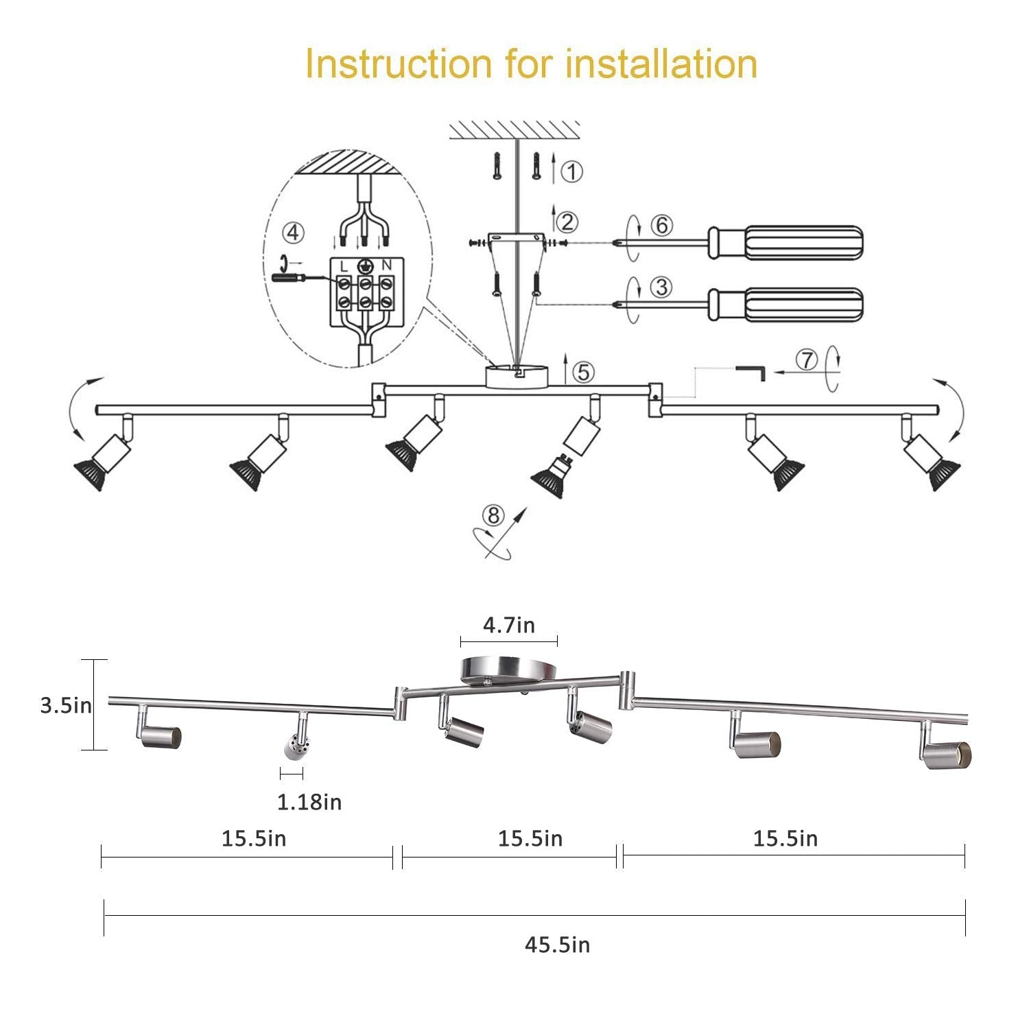 6-Light Adjustable Dimmable Track Lighting Kit, Flexible Foldable Arms, Matt Black Color Perfect for Kitchen,Hallyway Bed Room Lighting Fixture, GU10 Base Bulbs not Included