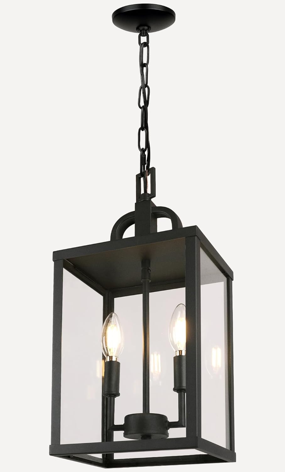 Large Outdoor Indoor Pendant Light 2-Light, Modern Black Metal Outside Chandelier Exterior Hanging Fixture Ceiling Mount with Clear Glass Shade for Front Porch Entrance Foyer Entryway (Bulb Included)