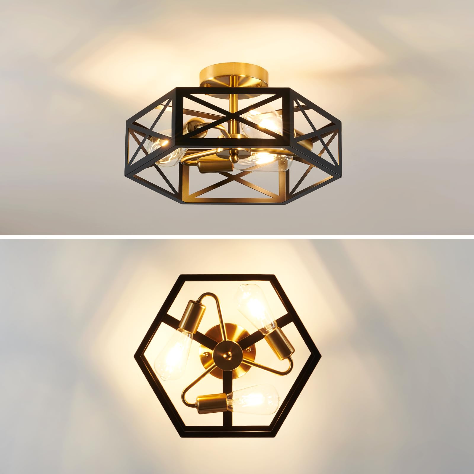 Semi Flush Mount Ceiling Light Fixture, Modern Farmhouse 3-Light Black Ceiling Light, Industrial Close to Ceiling Light with Metal Hexagon Cage Ceiling Lamp for Kitchen, Hallway, Bathroom