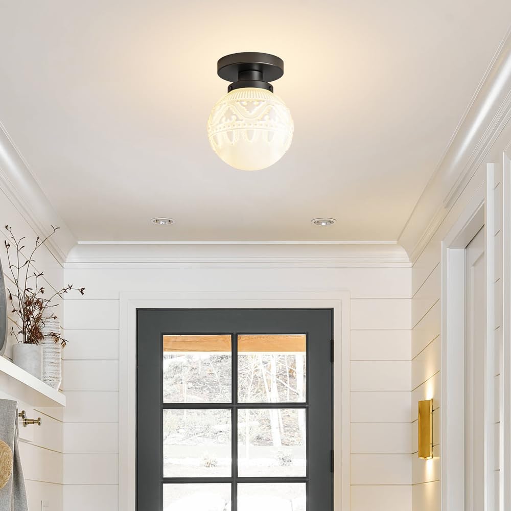 Semi Flush Mount Ceiling Light Fixtures, Vintage Globe Glass Ceiling Light Fixture, Antique Small Black Hallway Light Fixtures for Bedroom, Closet, Entryway, Bathroom, Kitchen