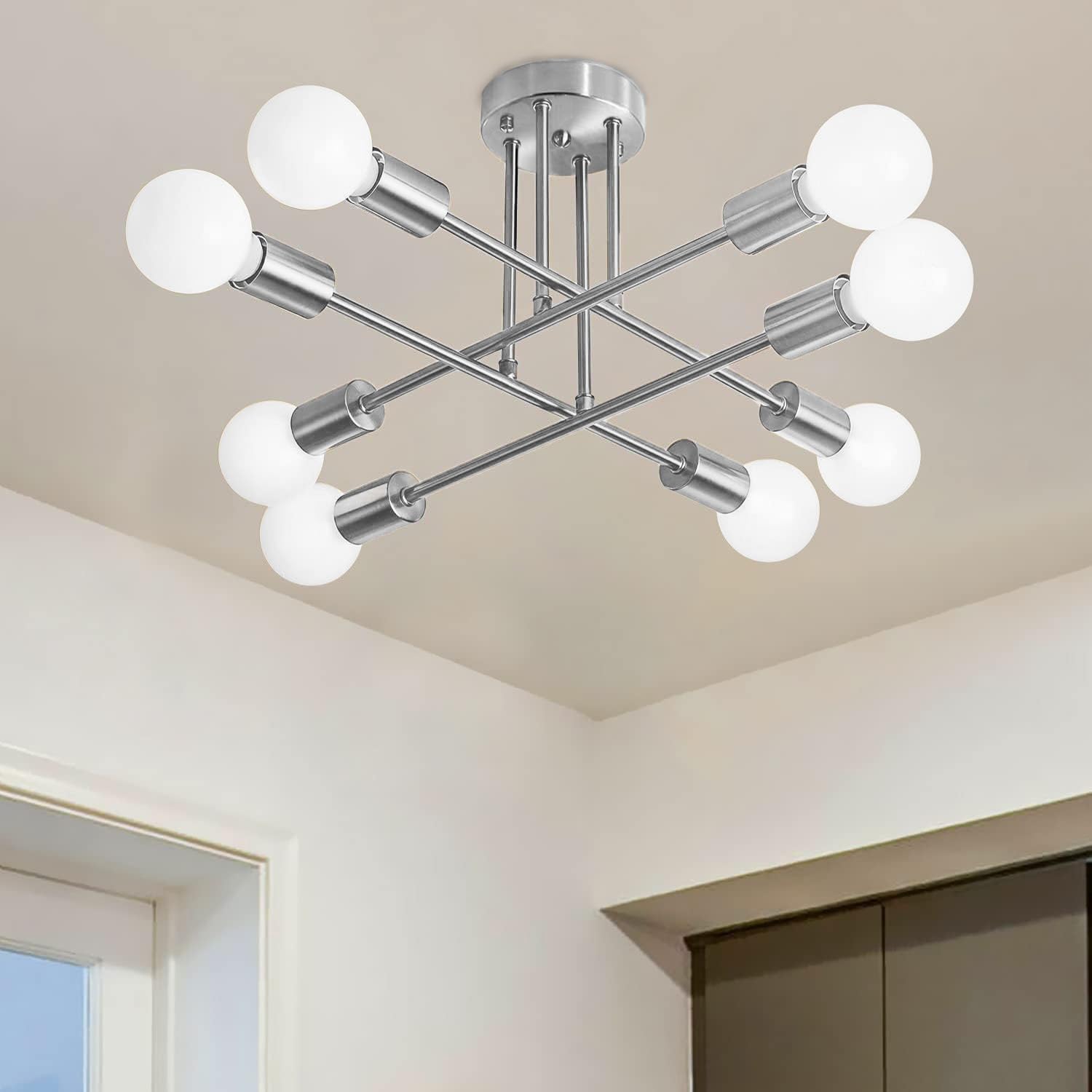 Modern Sputnik Chandelier, Silver Semi Flush Mount Ceiling Light E26 Base Industrial Chandelier for Bedroom Dining Room Living Room Hallway(8-Lights,Bulbs not included)