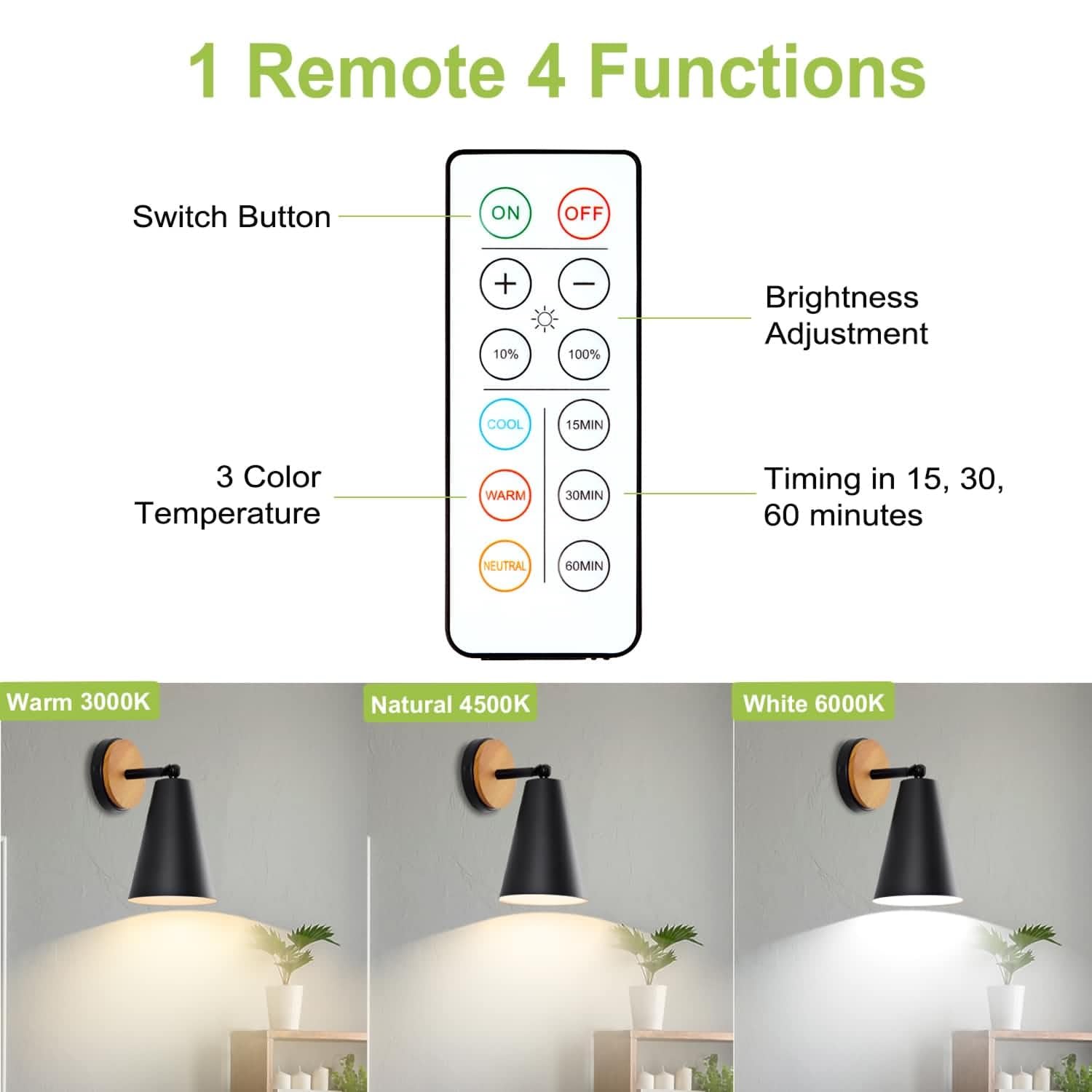 Wood Battery Operated Wall Sconce, IR Remote Control Battery Operated Sconces, Matte Black Battery Operated Wall Sconce, Wall Lights Battery Operated for Bedrooms, Living Room