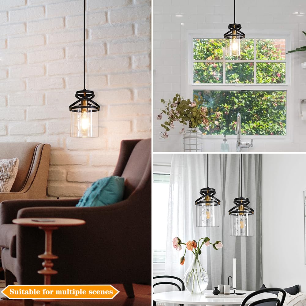 Black and Gold Pendant Light Fixture, Modern Pendant Lights Kitchen Island with Clear Glass Shade, Industrial Pendant Lighting over Island, Pendant Lamp for Dining Room Sink, 6ft Adjustable Cable