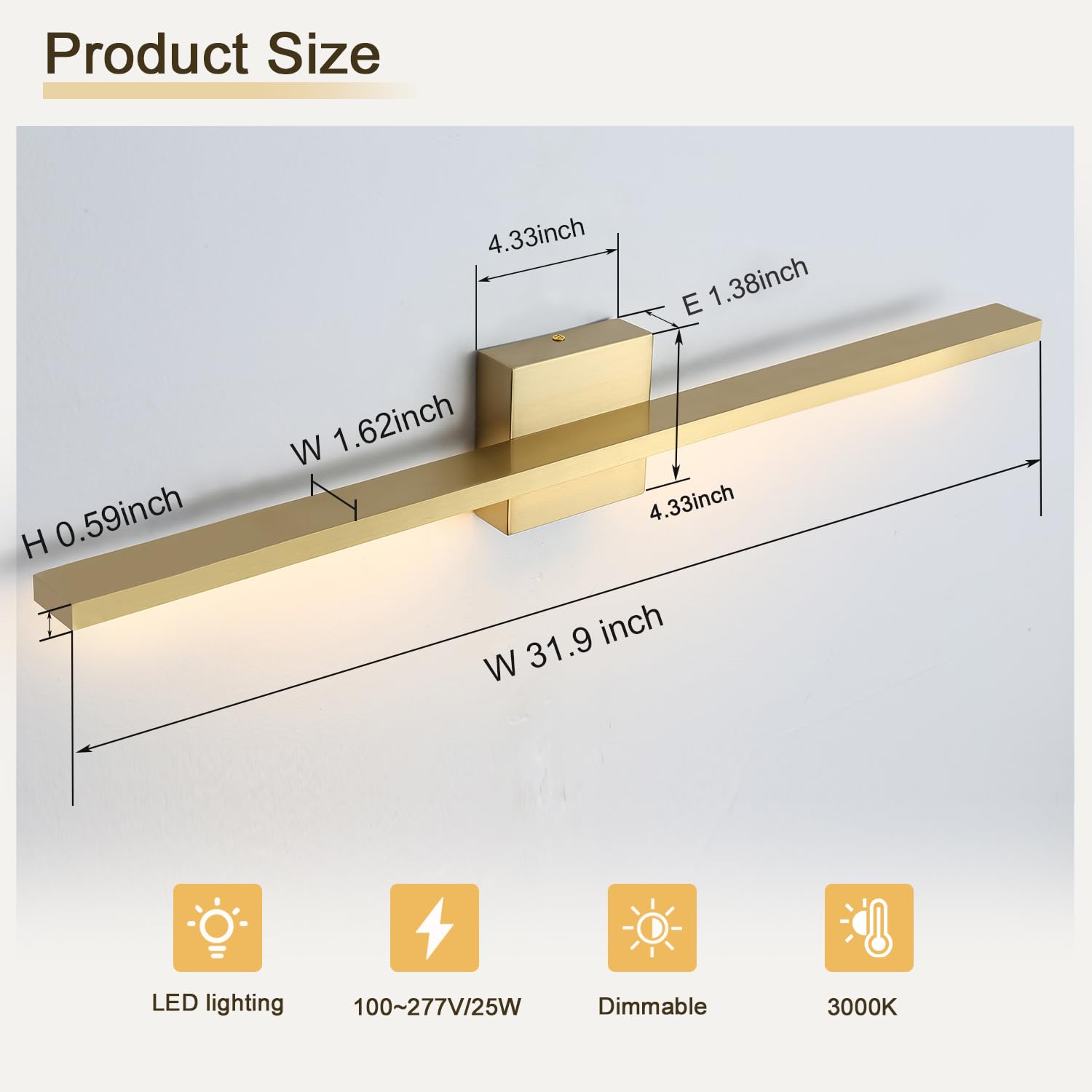 Gold Bathroom Light Fixtures Over Mirror, 20 Inch Brushed Brass Bathroom Vanity Light, LED Modern Wall Sconce 3000K Bar Vanity Lights for Bathroom Mirror Cabinets Bedroom