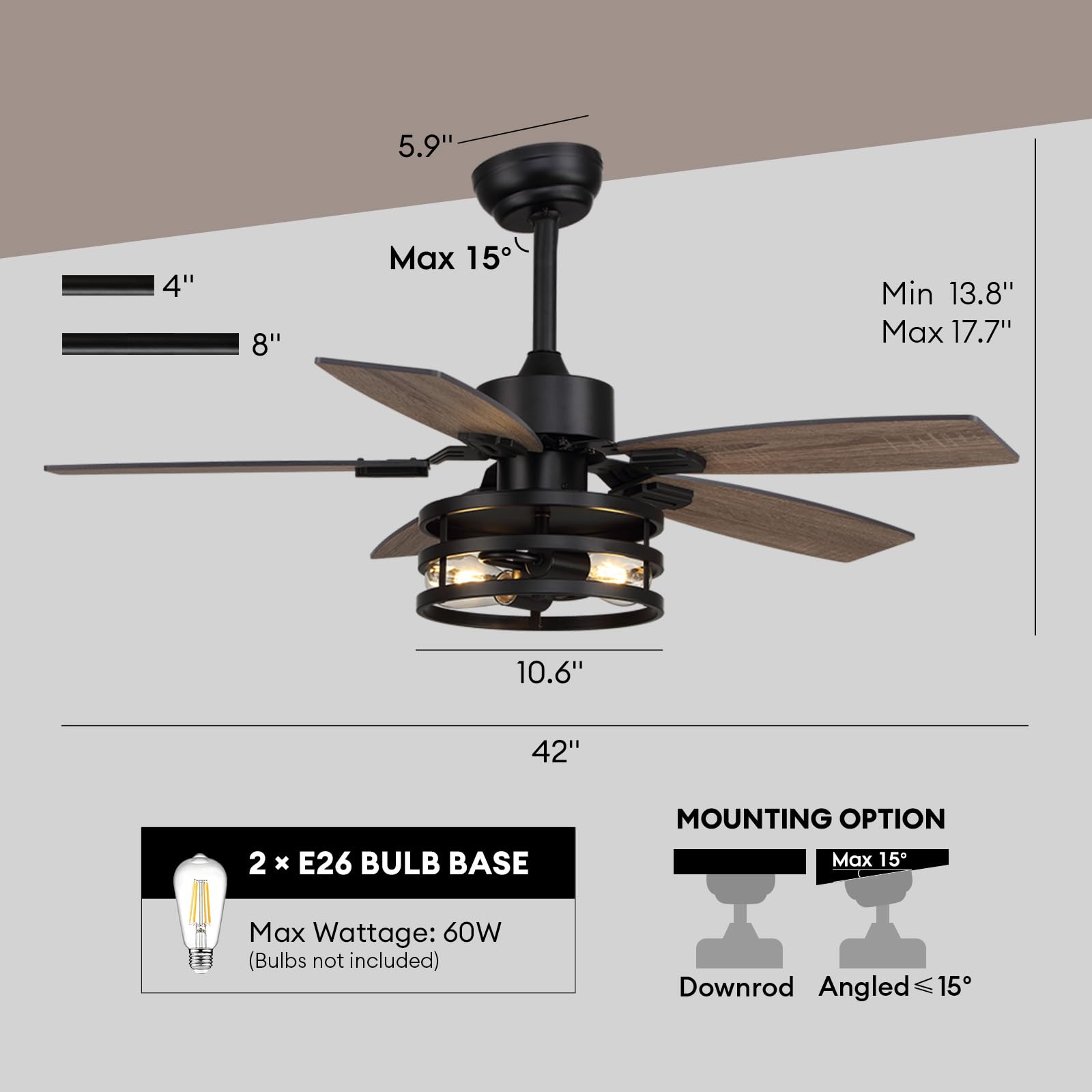 42 Inch Ceiling Fans with Lights and Remote/APP Control, Brown Ceiling Fan for Bedroom Living Room and Patio, Caged Ceiling Fan with 2 E26 LED Lights(Bulbs not Included), Indoor and Outdoor