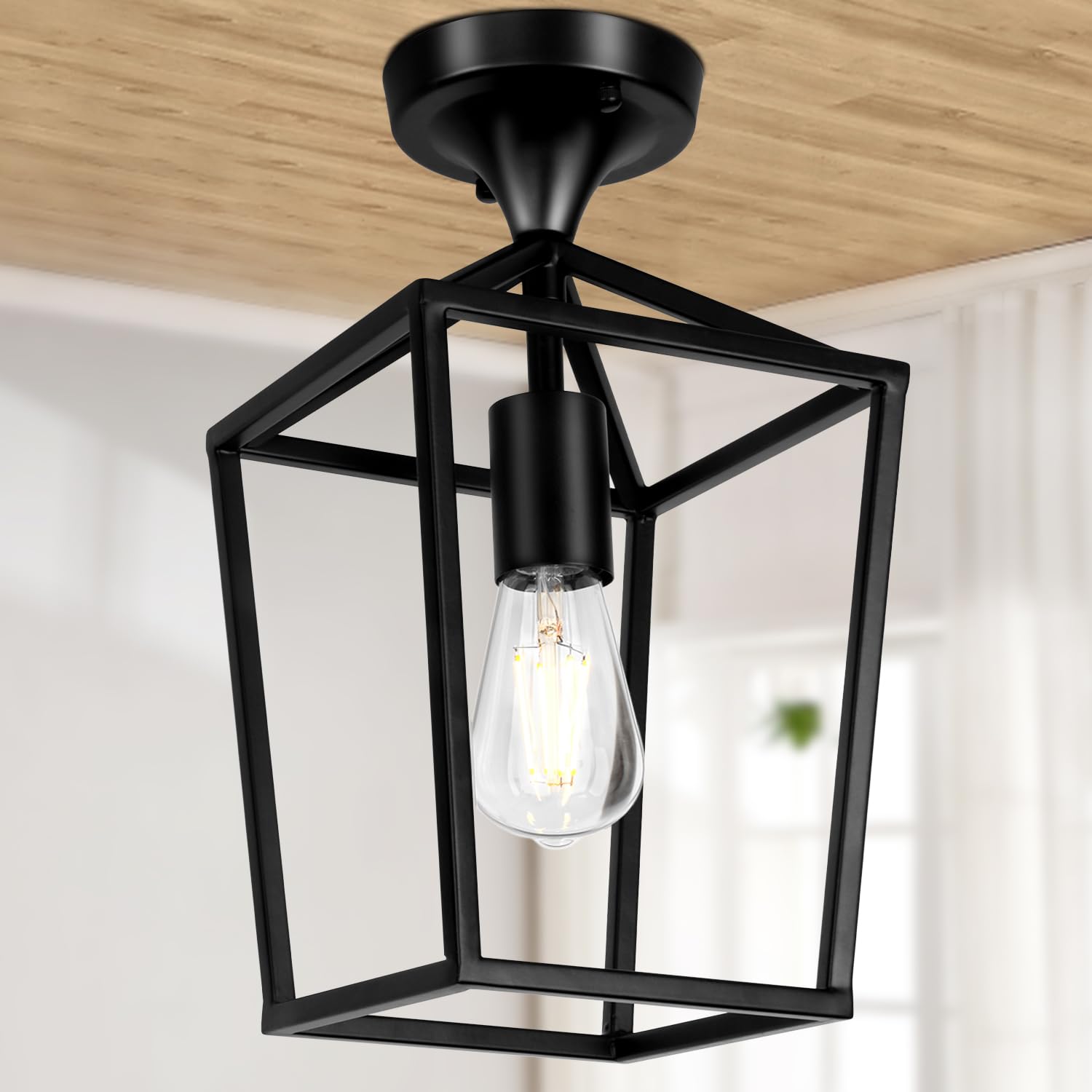 Semi Flush Mount Ceiling Light, Black Industrial Ceiling Light Fixtures, Farmhouse Light Fixture for Entryway Porch Hallway Stairway Garage Living Room Dining Room Balcony