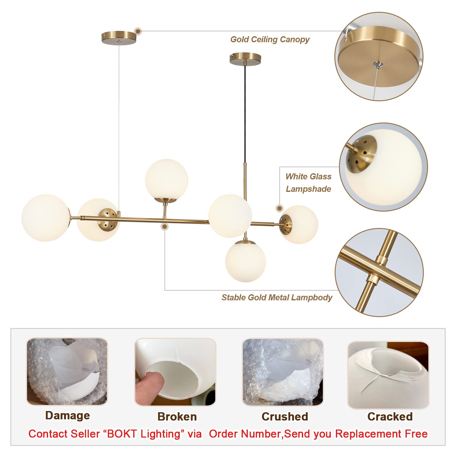 BOKT Modern Gold Chandelier 7-Lights Frosted Glass Globe Pendant Light Kitchen Island Linear Hanging Lighting Fixtures for Living Room Bedroom Dining Room Corridor