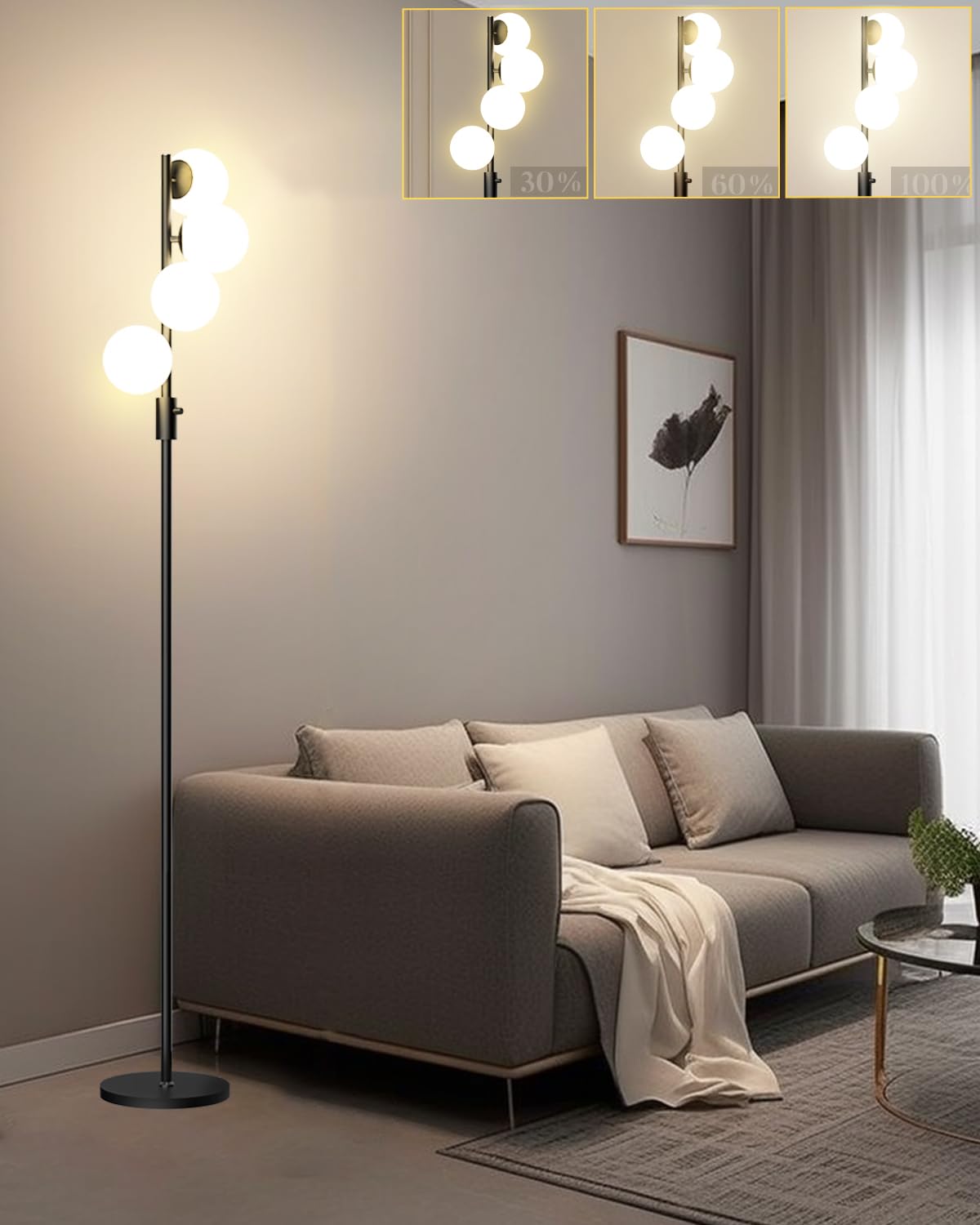 Dimmable Globe Floor Lamp, Gold Standing Lamps with 4PCS 3000K G9 Bulbs Soft Warm White Eye Care, Mid Century Modern Floor Lamp for Living Room