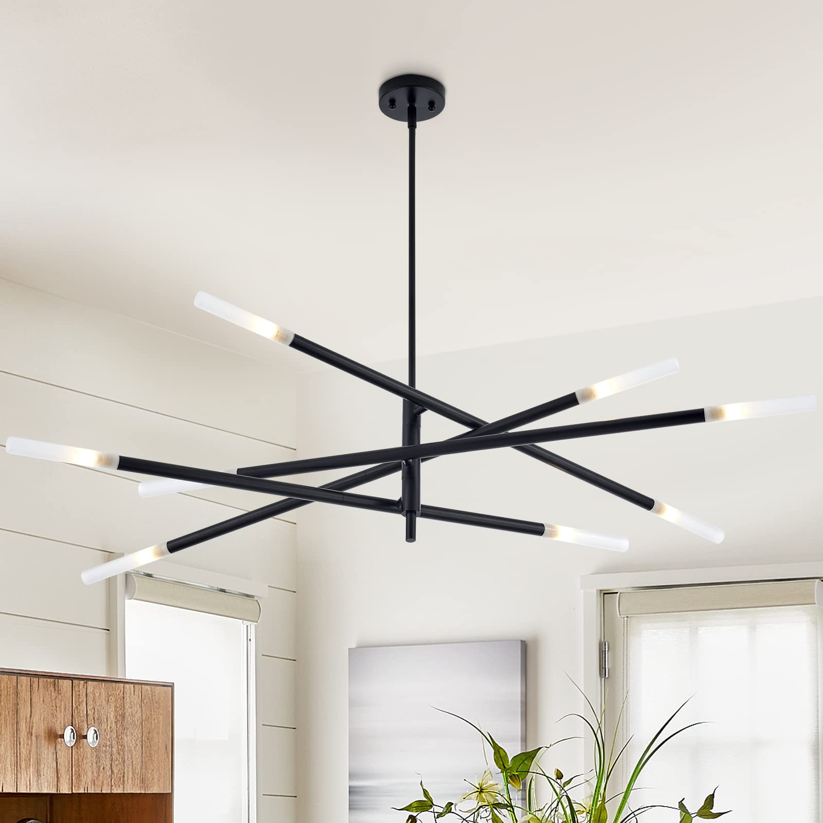 Modern Sputnik Chandelier for Dining Room, Mid Century Black Pendant Lighting, Industrial 8-Light Vintage Hanging Light Fixture for Entryway Bedroom Kitchen Island Hallway Foyer