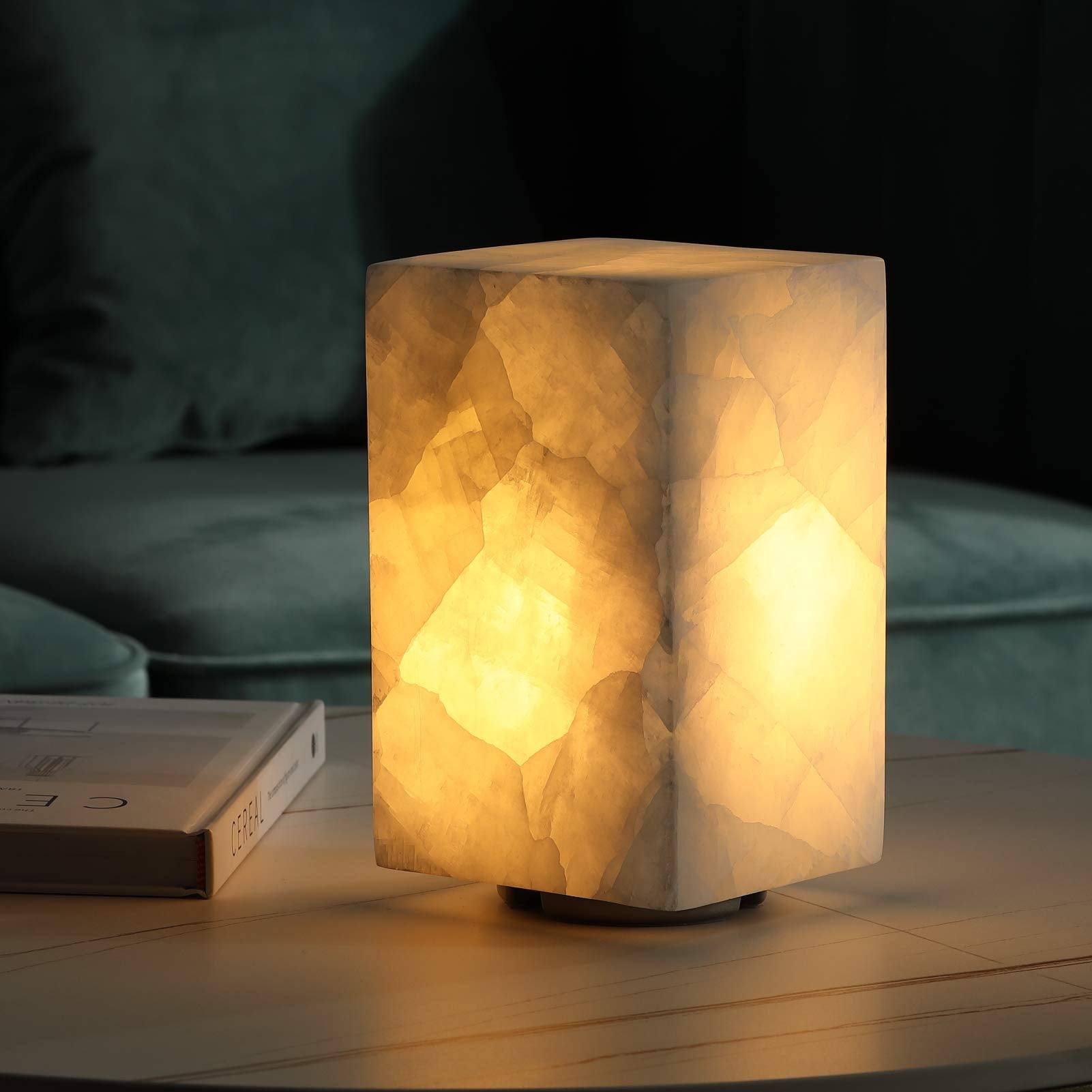 Natural Solid Stone Table Lamp with One-of-a-Kind Crystal Texture, Small Accent Lamp with 3 Colors Dimmable LED, Unique Lamp for Bedroom Living Room, Cuboid White