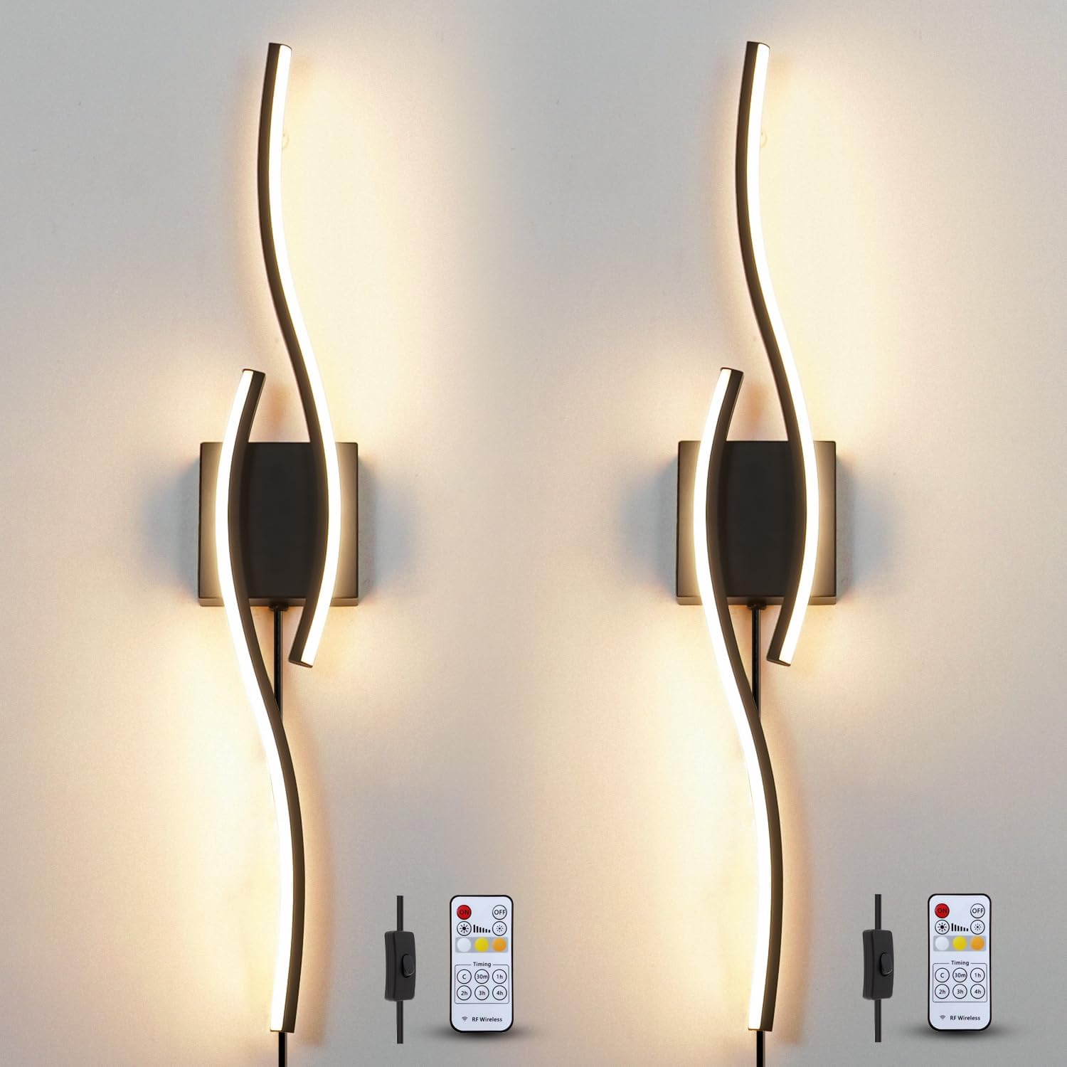 Plug in Wall Sconces Set of 2, Modern Plug in Sconce with Remote, Dimmable LED Wall Light, Wall Lamps with Plug in Cord for TV Wall Sconces, Black Sconce Lighting for Living Room, Hallway, Bedroom