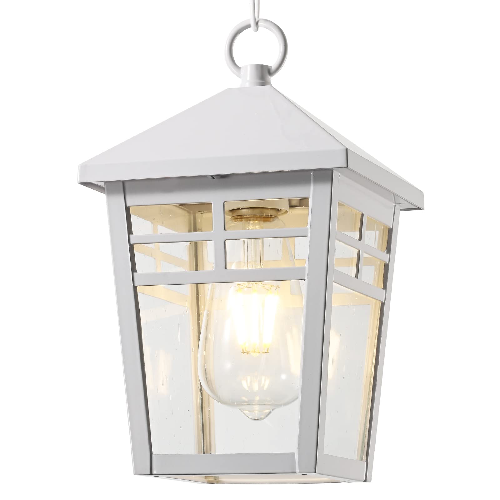 Outdoor Pendant Light Fixture, White Outdoor Hanging Porch Light Waterproof, Exterior Hanging Lantern with Seeded Glass and Adjustable Chain for Porch Entryway Doorway