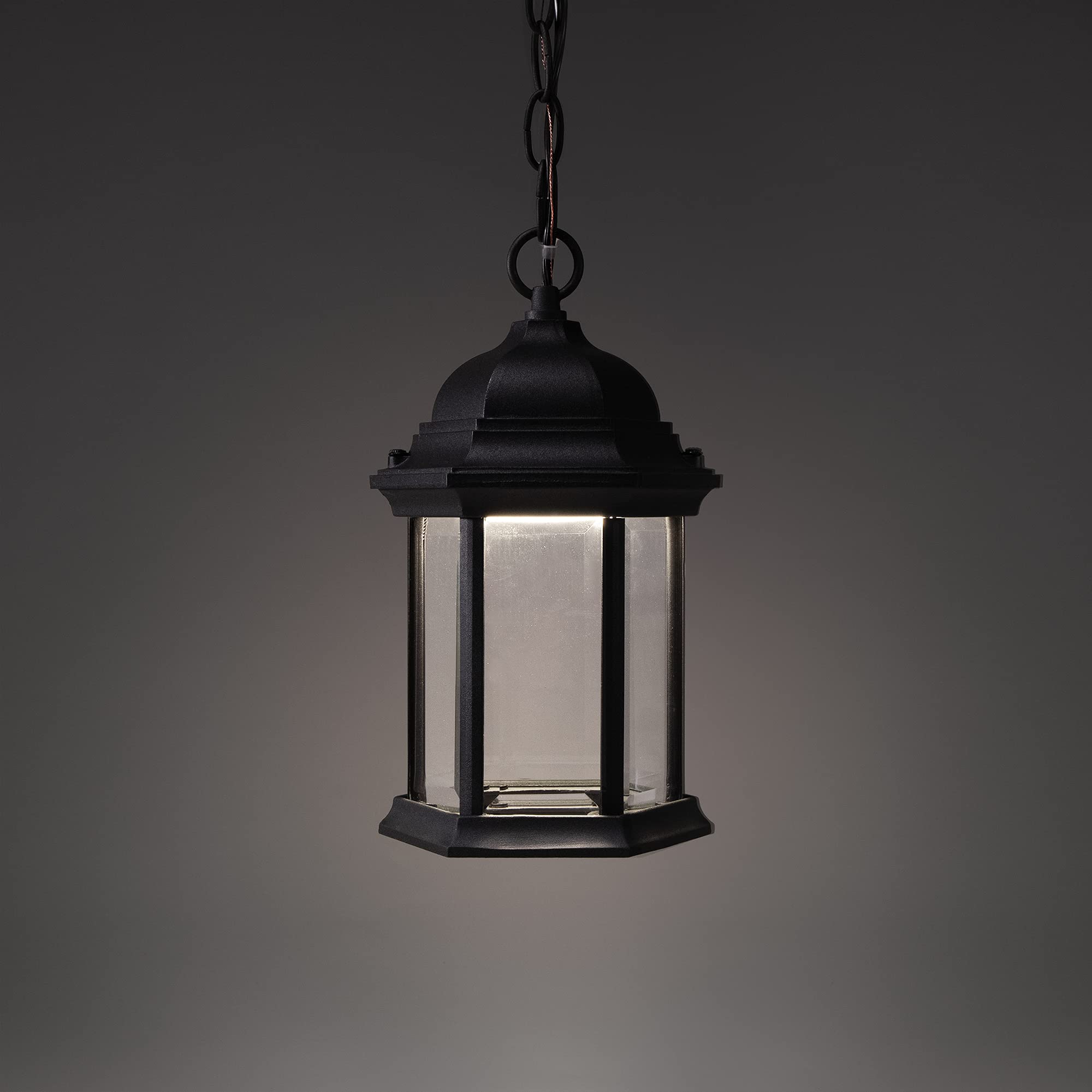 Small Straight Hex Pendant Mount LED Lantern for Porch, Patio, Deck, Damp Location, Built in LED Gives 75W of Light from 9.5W of Power, Durable Cast Aluminum with Black Finish & Clear Glass