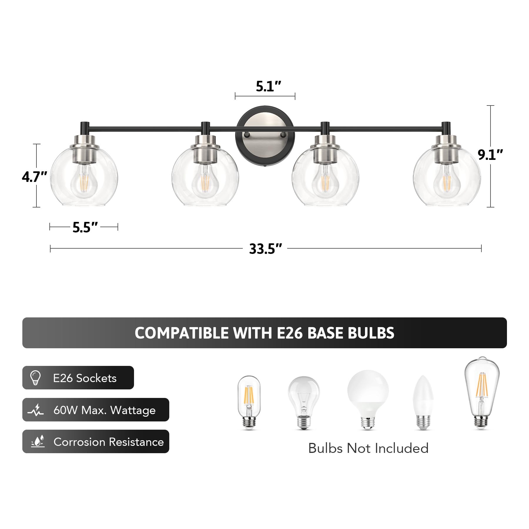 Bathroom Light Fixtures, 2-Light Bathroom Vanity Light with Globe Glass Shades E26 Sockets, Bathroom Lights Over Mirror for Bedroom Hallway Living Room, Gold Finish