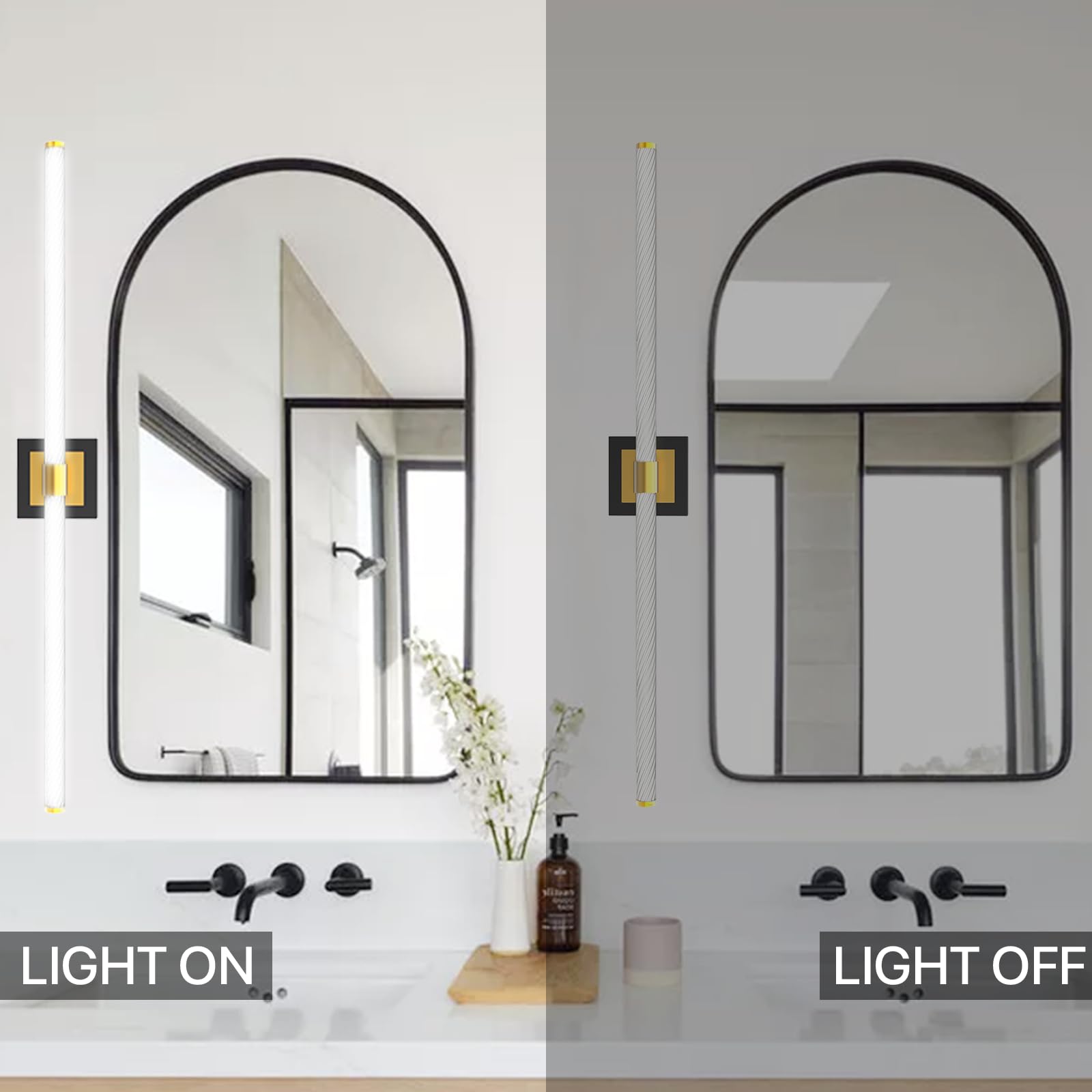 LED Vanity Light, 30inch Dimmable Bathroom Light Fixtures Over Mirror, 15W 6000K Black and Gold Modern Linear Vanity Lights, 360°Sconces Wall Lighting Bar(White Light)