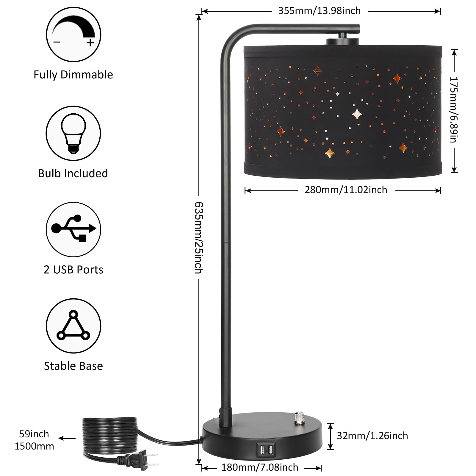 USB Bedside Lamp, Industrial Side Table Lamp with Dual USB Charging Ports, Fully Dimmable Nightstand Lamp, Tall Reading Lamp Desk Lamp for Bedroom, Living Room, Office, 9W LED Bulb Included