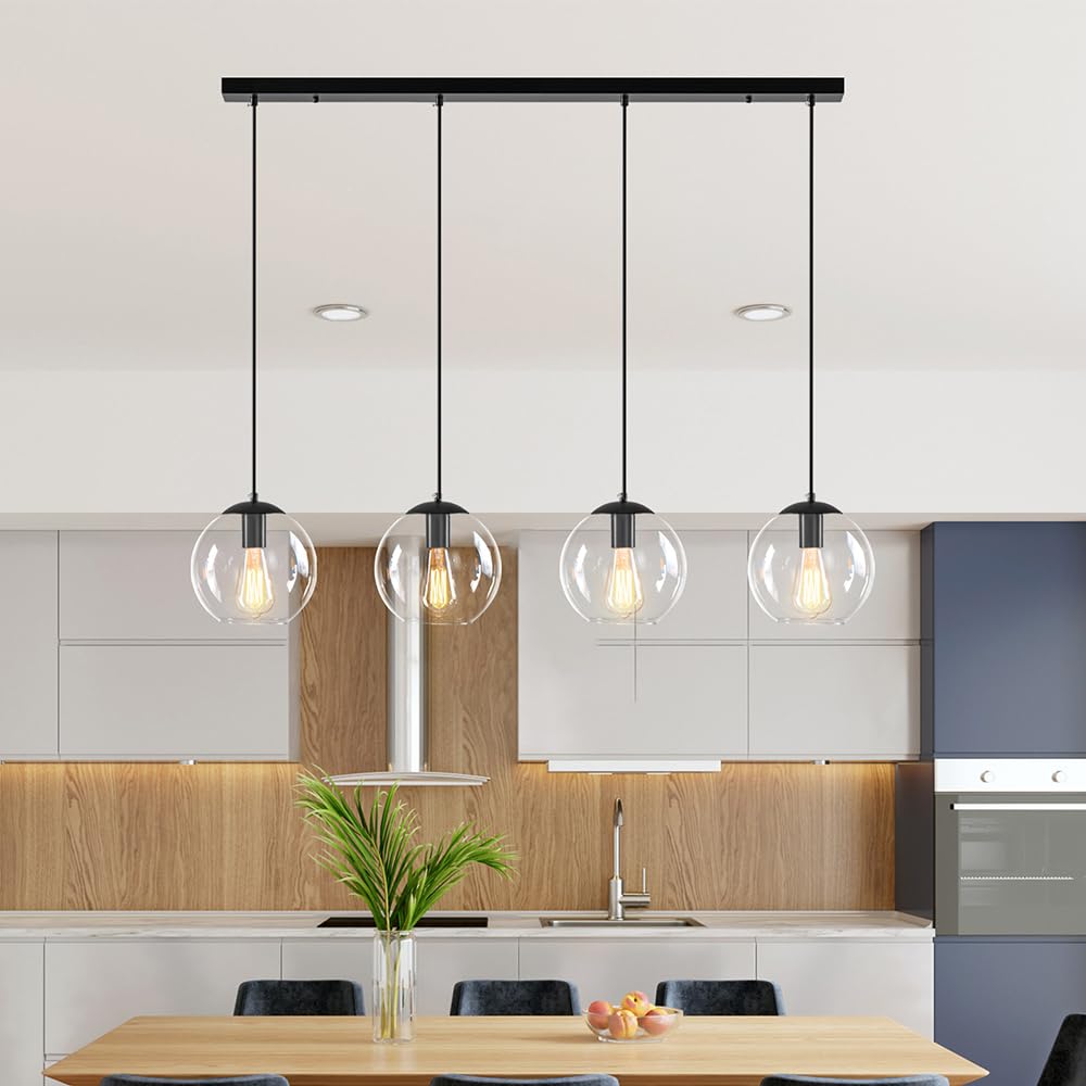 Globe Pendant Light, Modern Hanging Lighting Fixture, Classic Cluster Chandelier with Clear Glass Shades(Black, 3 Lights, 27.6 Inch)