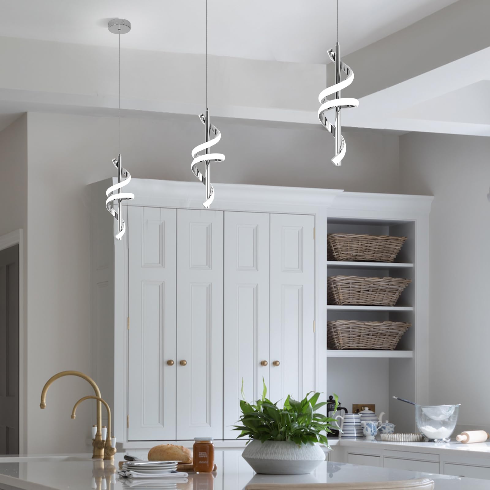 Spiral Led Pendant Light Fixtures, 5500K Cold White Modern Led Pendant Light Kitchen Island, Adjustable Height Kitchen Island Lights Fixtures for Dining Room Kitchen Bedroom Sink