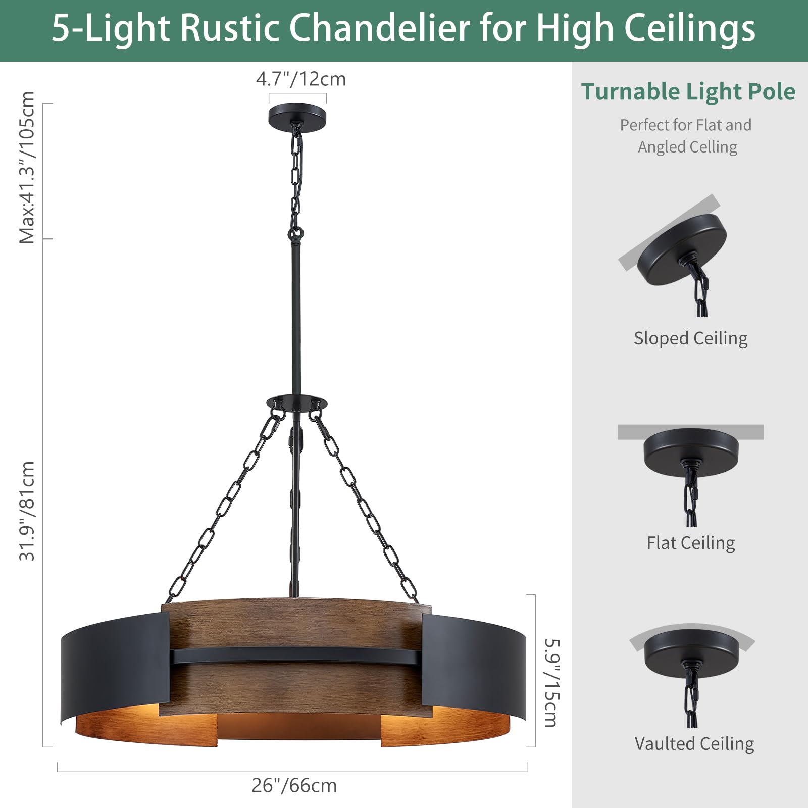 Modern Chandelier 26-Inch Industrial Light Fixture Height Adjustable Large Drum Pendant Lighting for Dining Room, Kitchen Island, Living Room, Office with Nickel and Black Finish, 5-Light