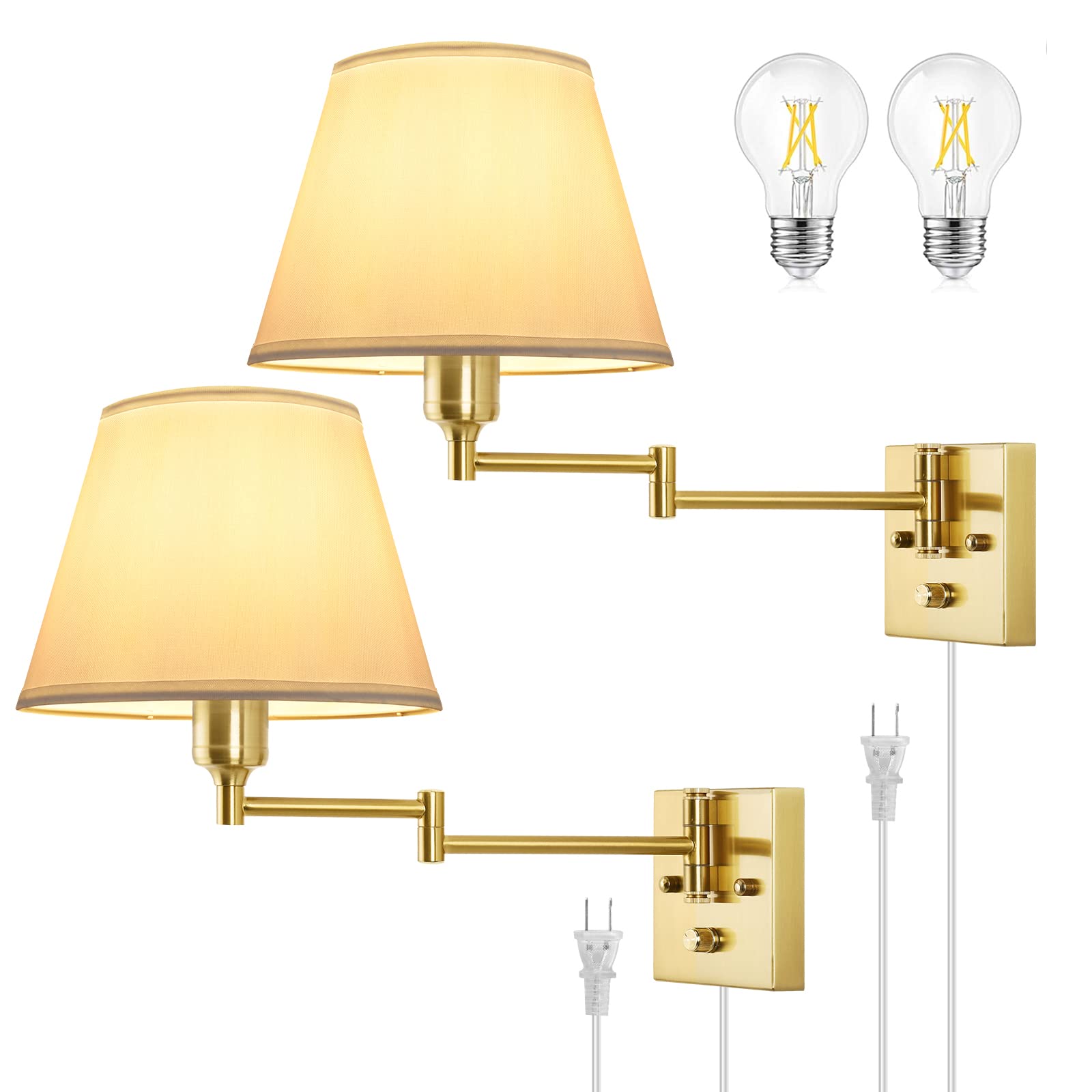 Wall Sconce Plug in, Brushed Brass Dimmable Wall Sconces Set of 2 Swing Arm Wall Lights with Plug in Cord and Dimmer On/Off Knob Switch, 9.4" Medium White Fabric Shade(2 LED Bulbs Included)