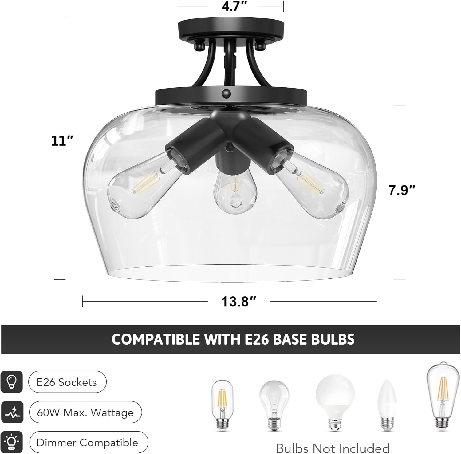 Semi Flush Mount Ceiling Light, 3-Bulb Black Ceiling Light Fixture with Clear Glass Shade, 13.8" Industrial Ceiling Light Fixture for Hallway Foyer Kitchen Entryway Bedroom, E26 Base