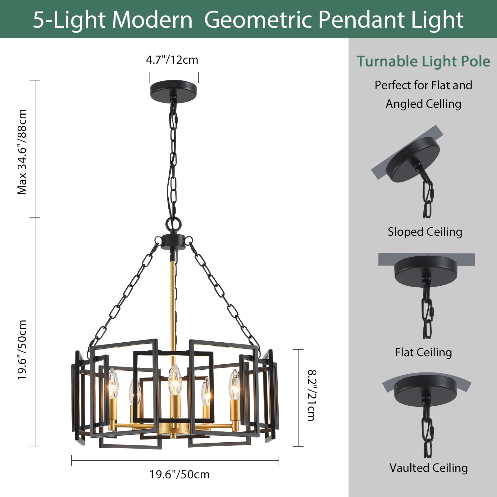 Gold Chandelier 5-Light Modern Kitchen Island Lighting Fixtures, Farmhouse Pendant Light 20 inches Retro Height Adjustable Ceiling Light for Dining Room, Bedroom, Living Room,Foyer