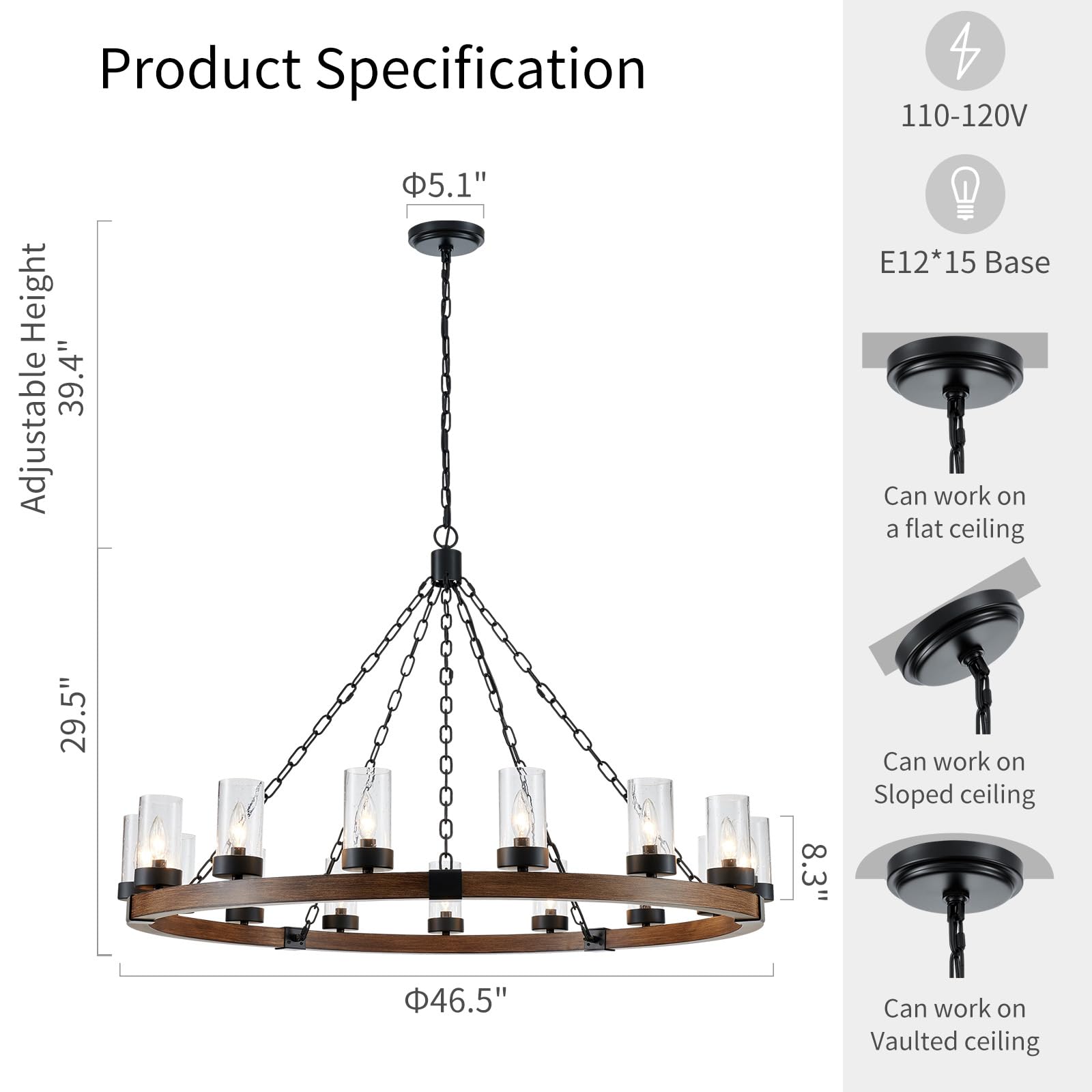 5-Light Wagon Wheel Chandelier Rustic Farmhouse Industrial Round Pendant Light Fixture with Clear Seeded Glass Shades for Dining Room Kitchen Island, H 20.5" x W 26.2", E12 Base, Gold