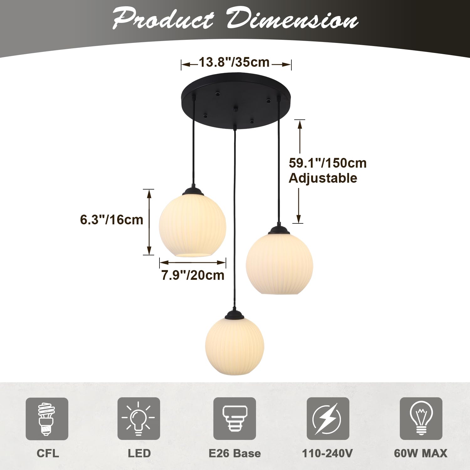 3-Light Cluster Pendant Hanging Lights Black Globe Chandelier Light Fixture Large Milk Glass Cluster Pendant Lights Mid Century Modern Multi Light Pendant Lighting Kitchen Island