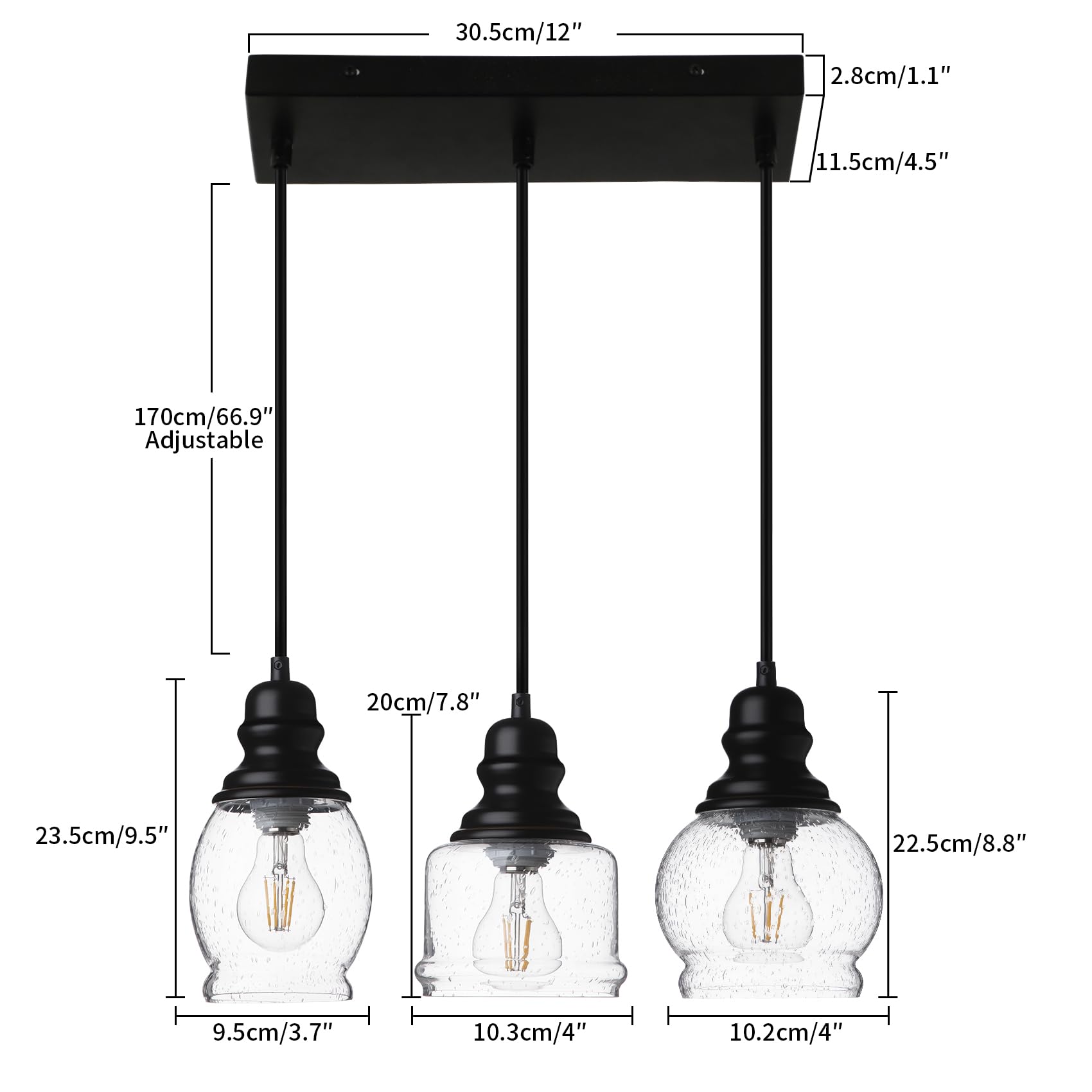 WILON Industrial Pendant Lighting, Pendant Lights for Kitchen Island 3 Light Glass Pendant Light Fixture with Seeded Glass Shade, Adjustable Cord Farmhouse Ceiling Light Black finish Linear Chandelier