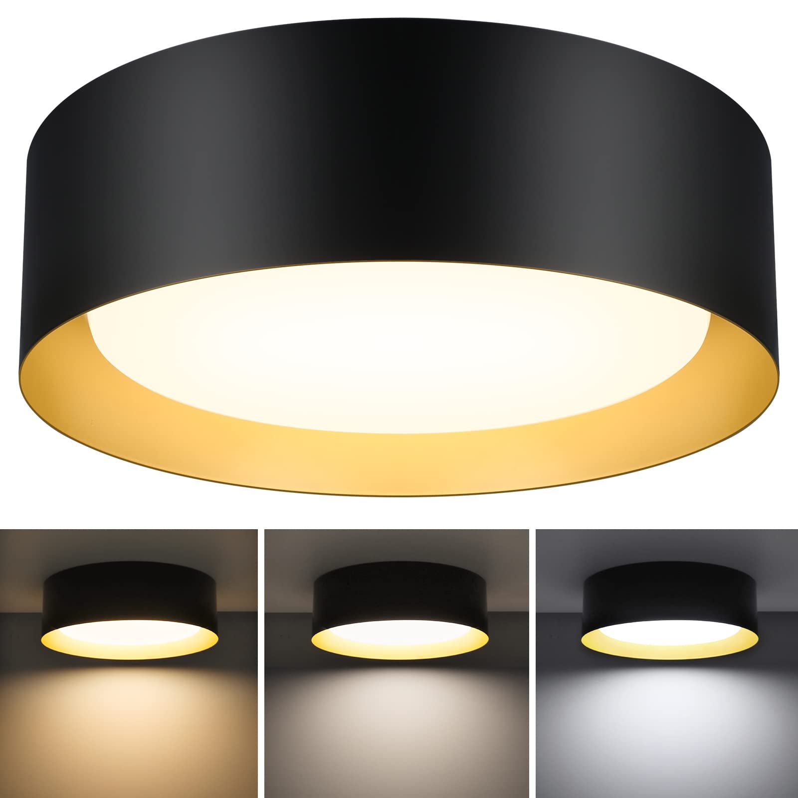 Flush Mount Ceiling Light, 13in 25W(250W Equiv) 2400LM, LED Ceiling Light Fixture 3 Colors 3000K 4000K 5000K, Dimmable Black and Gold Modern Flush Mount Light for Bedroom Bathroom Hallway Kitchen