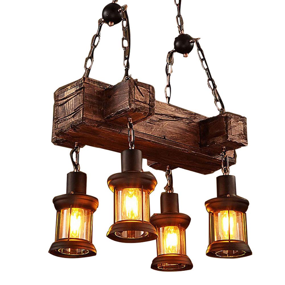 Industrial Vintage Wooden Pendant Light, Retro Lantern Chandelier 4 Lights Hanging Lamp Fixture for Living Room Dining Room Coffee Shop Restaurant Bar (Horizontal square wood)