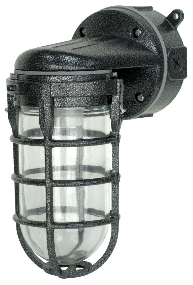 Wall Mount Light in Hammered Black Finish Sturdy Die Cast Aluminum Cage; 100 Watt Incandescent; Industrial Design; Suitable for Indoor and Outdoor Use