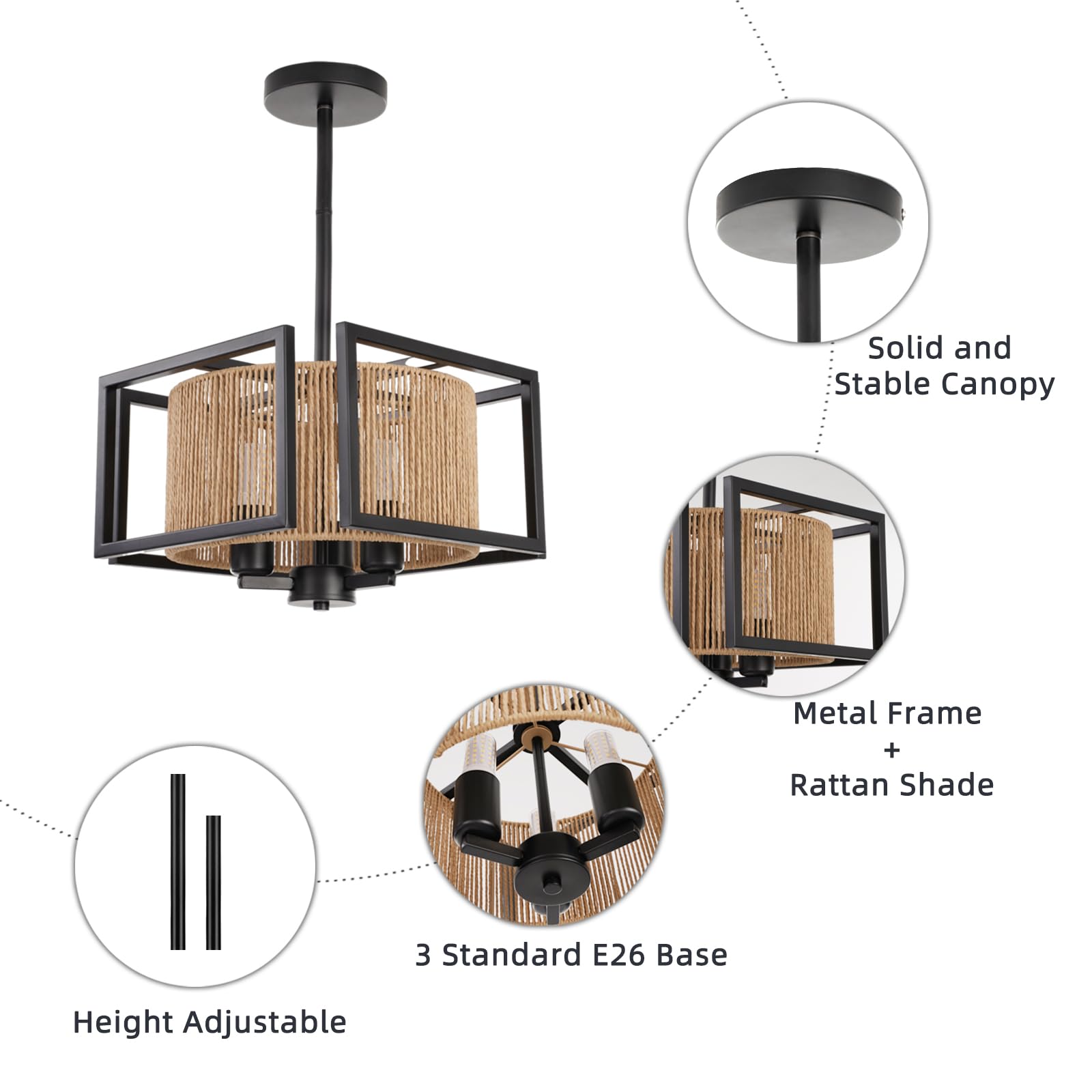 4 Light Semi Flush Mount Ceiling Light 15.7 Inches Light Fixture with Metal Frame Fabric Shade Modern Ceiling Light for Living Room Bedroom Kitchen Dining Room Entryway Hallway