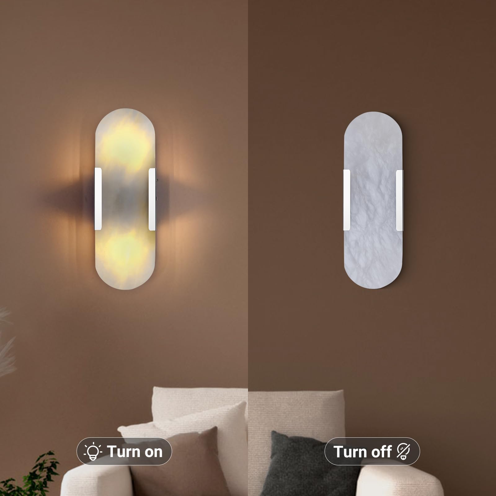 13.8 in Brass Alabaster Wall Sconces, Natural Marble Wall Sconces Set of Two Indoor Alabaster Sconces for Living Room Modern Alabaster Sconces Wall Lighting for Dining Room Stairs Bedroom