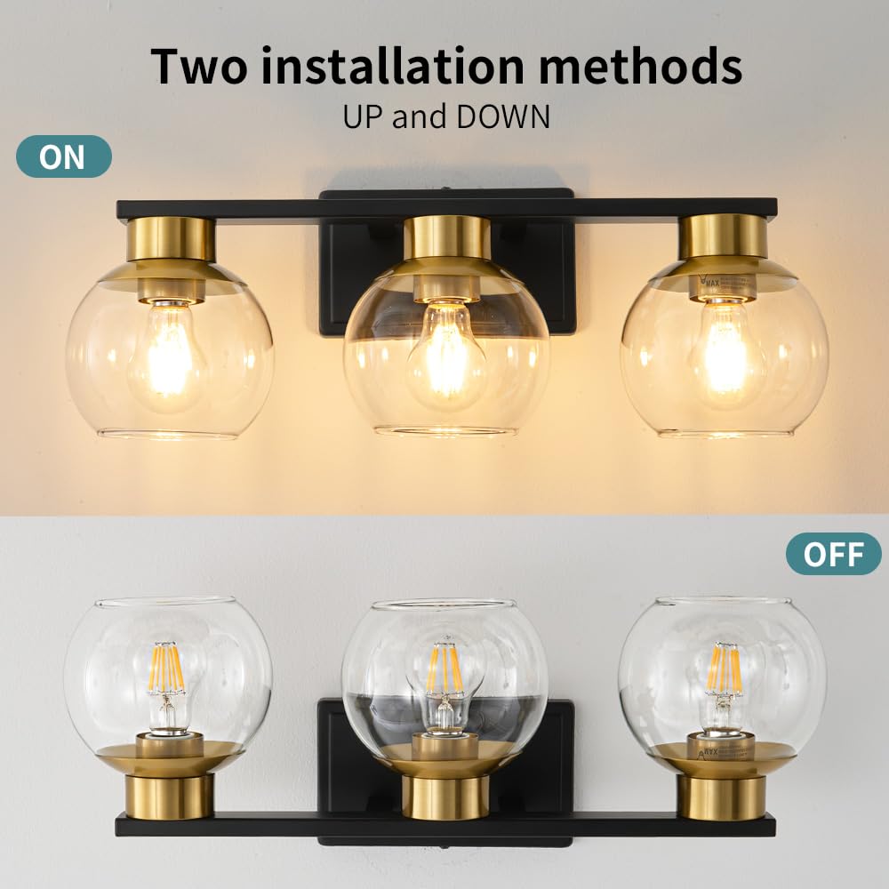 2 Light Black and Gold Vanity Lights for Bathroom Light Fixtures Over Mirror 13.7 in Clear Glass Shade Industrial Wall Sconce