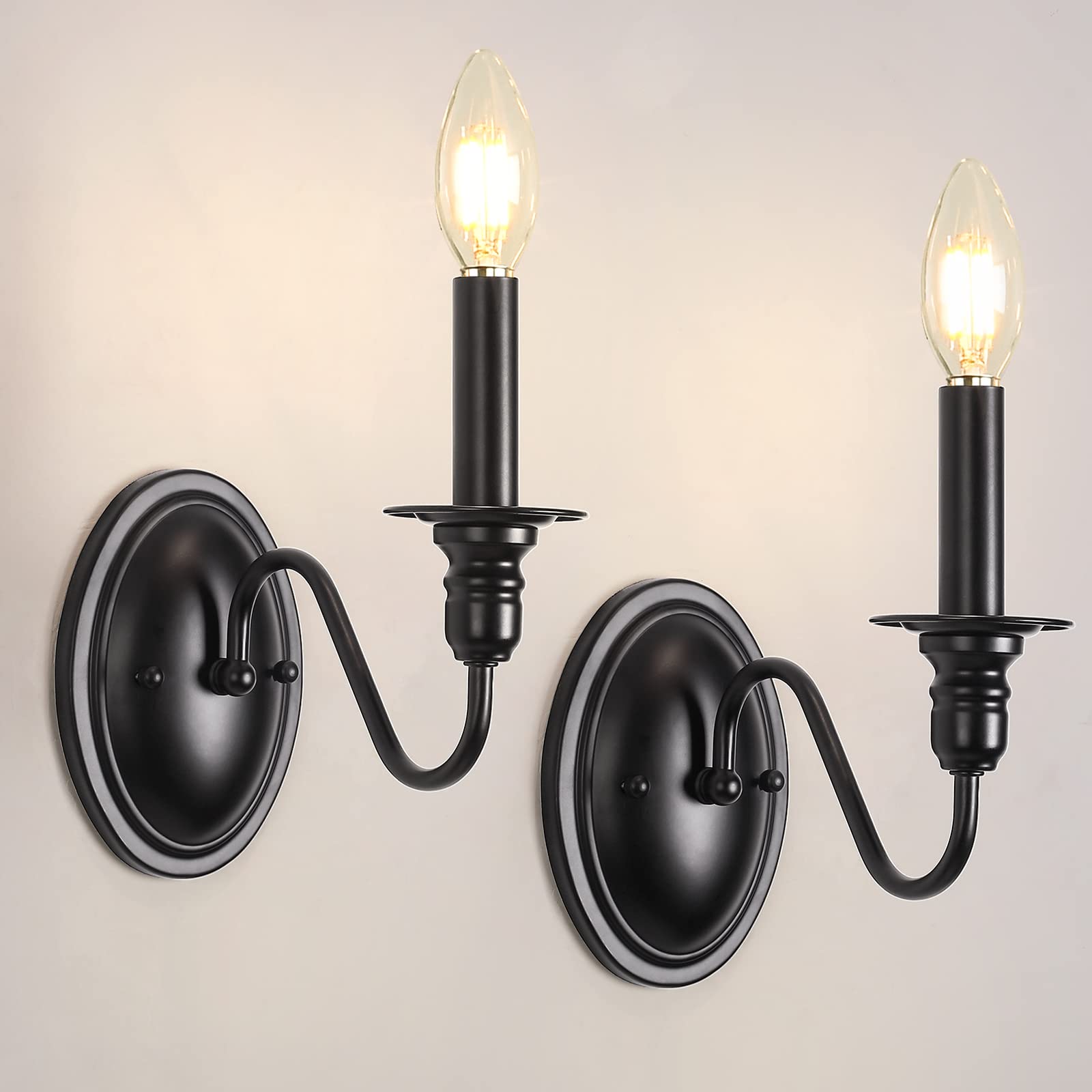 Black Wall Sconces Set of 2, Farmhouse Candle Wall Sconces Vintage Wall Lamps Bathroom Vanity Sconces Wall Lighting Modern Wall Light Fixtures for Bathroom Bedroom Stairway Hallway Porch