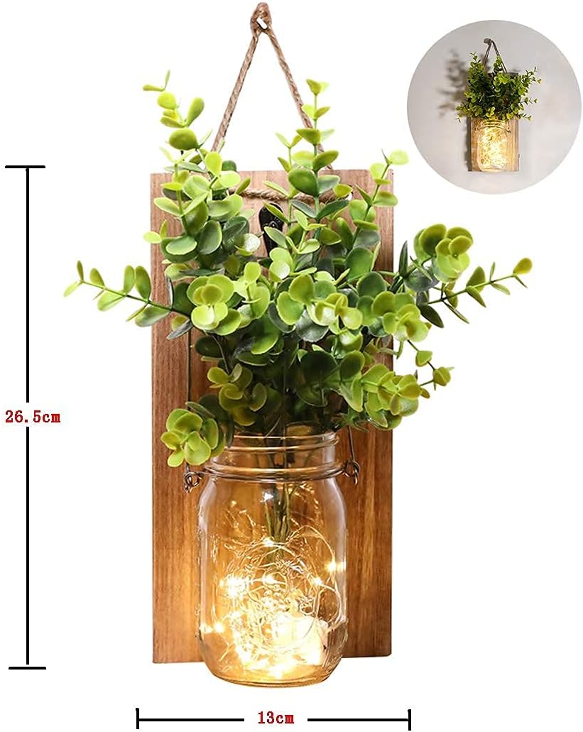 Rustic Wall Sconces, Mason Jar Sconces, Farmhouse Home Decor, LED Fairy Lights, Green Fake Plant, Interior Decoration Warm Toned Lighting. (2 Pack)