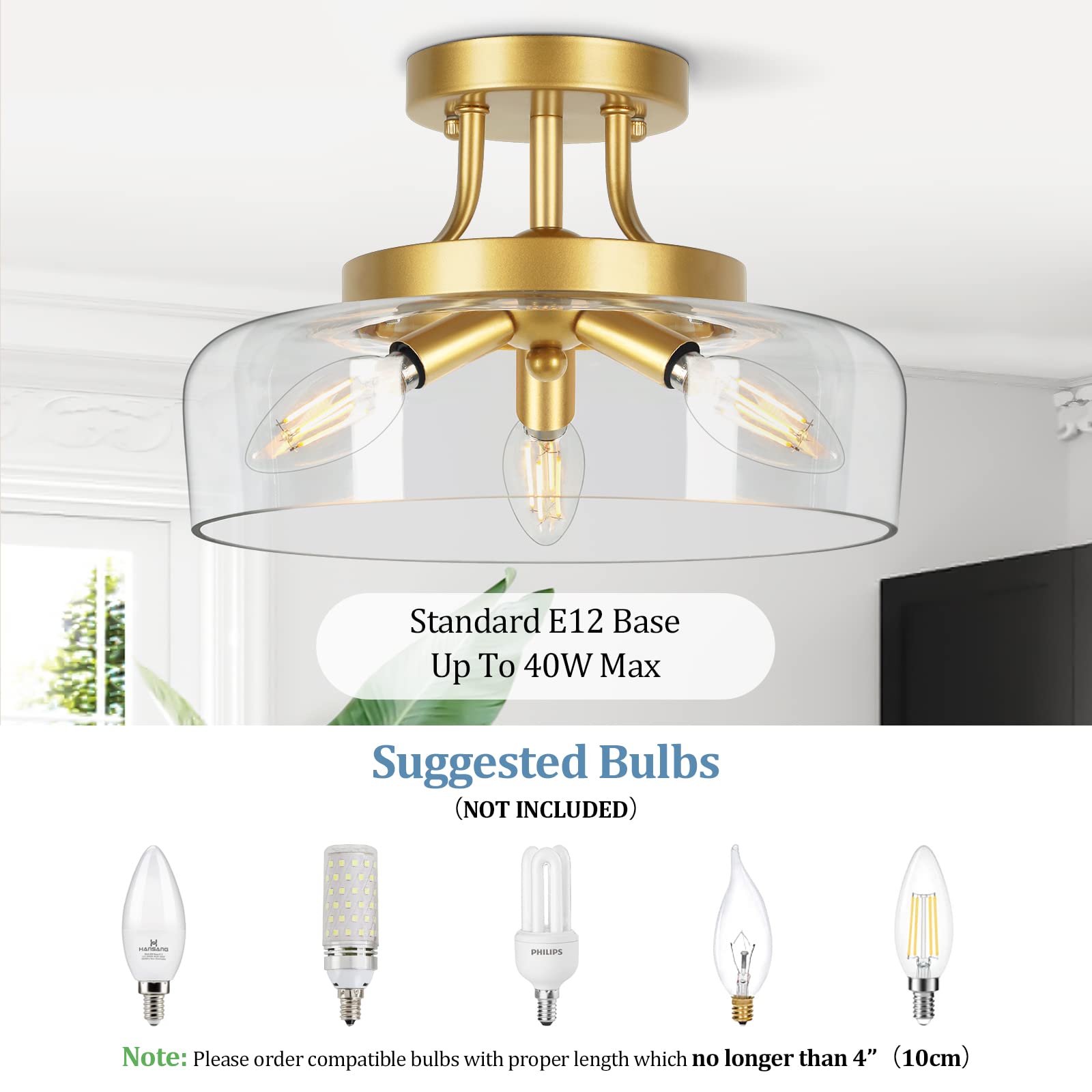 Modern Industrial Semi Flush Mount Ceiling Light with Clear Glass Shade, 3-Bulb Black Ceiling Light Fixture for Kitchen Bedroom Living Room Porch Hallway Entryway, E12 Socket, Bulbs Not Included