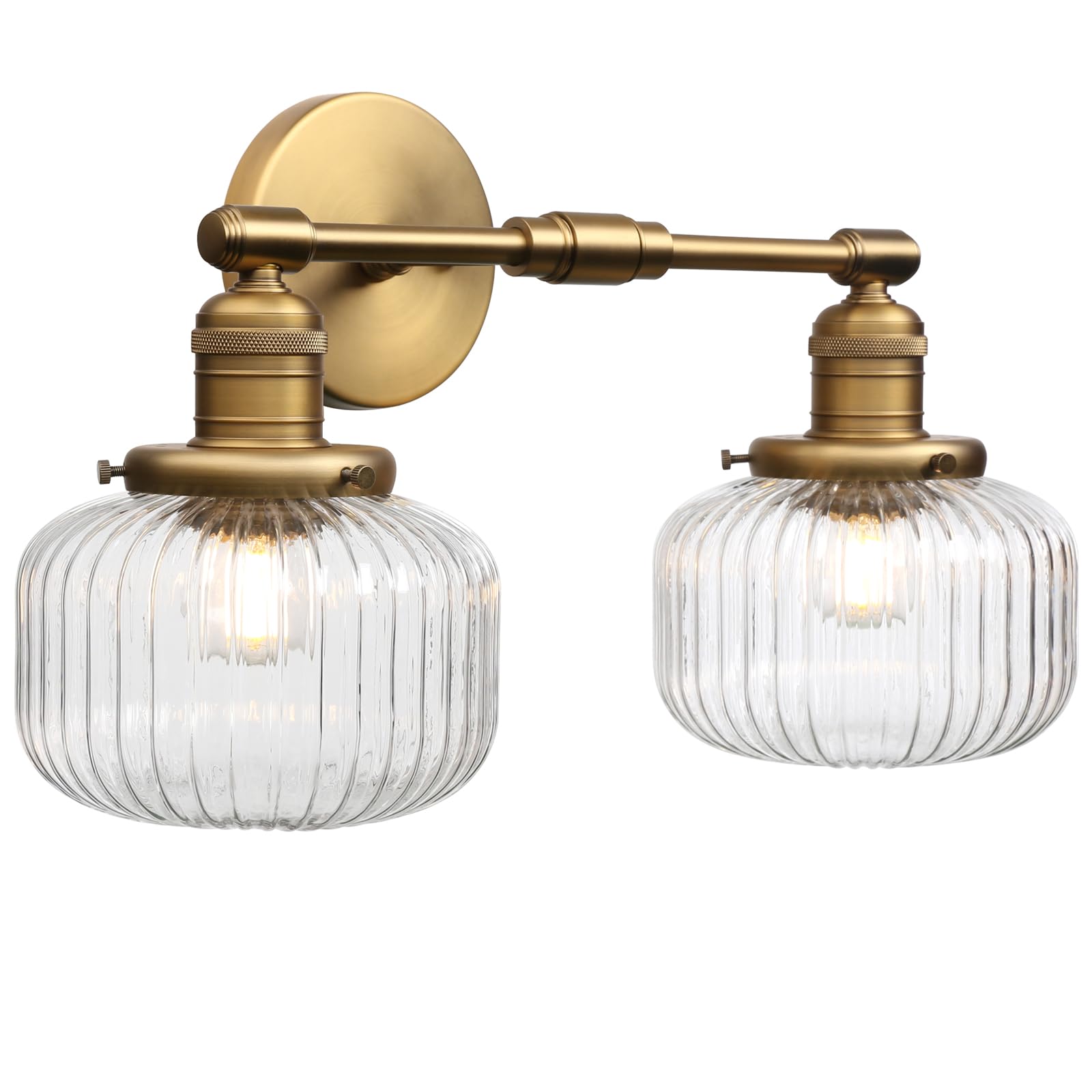 2-Lights Industrial Glass Wall Sconces, Antique Brass Clear Striped Globe Shade Wall Light Fixture for Bathroom Vanity, Bedroom, Dining Room, Living Room, Farmhouse, Stairs