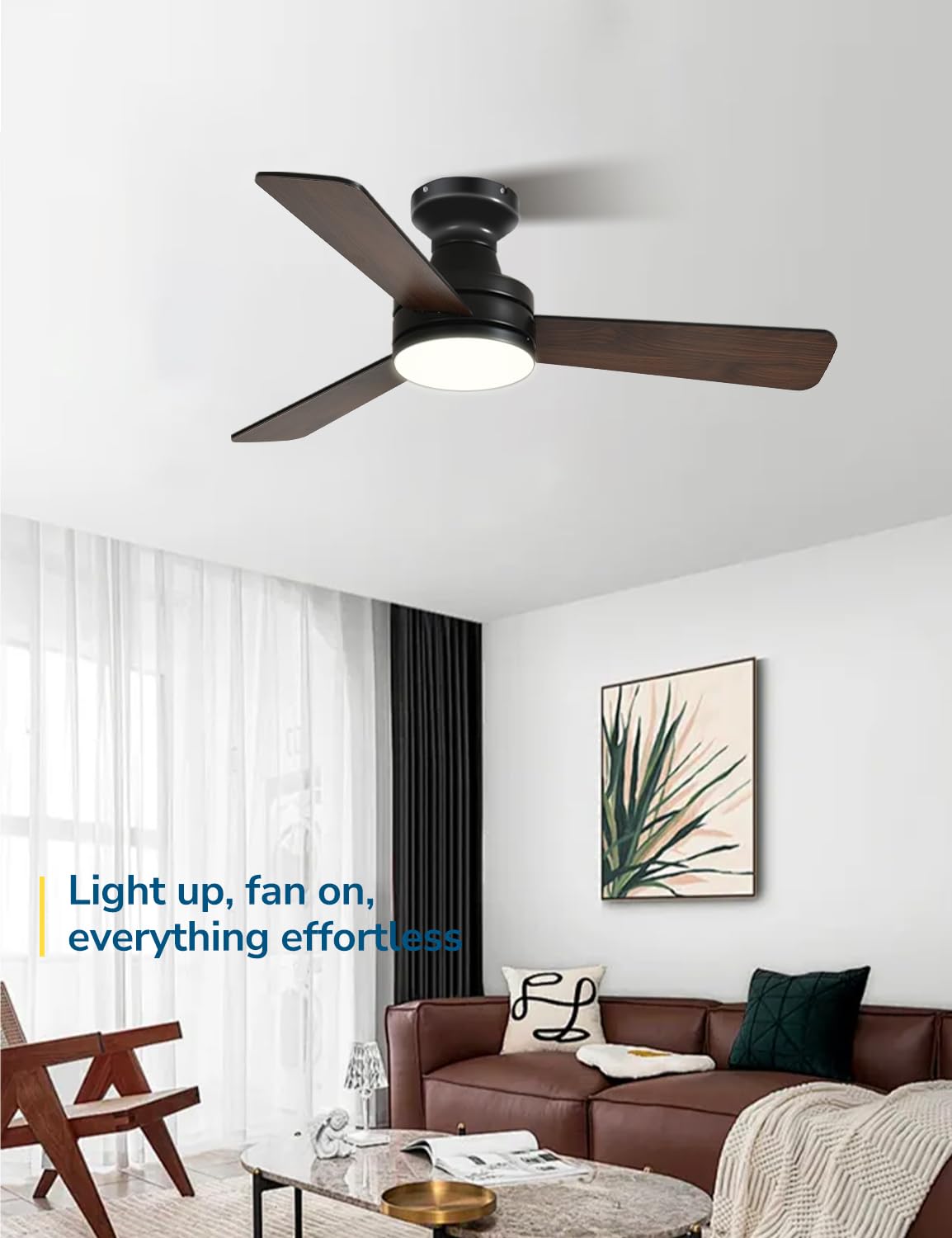 Orison Ceiling Fans with Lights, 42 inch Low Profile Ceiling Fan with RGB Backlight, Flush Mount Ceiling Fan with Remote and App Control, Black Ceiling Fan for Bedroom, 6 Speeds, 3 Reversible Blades