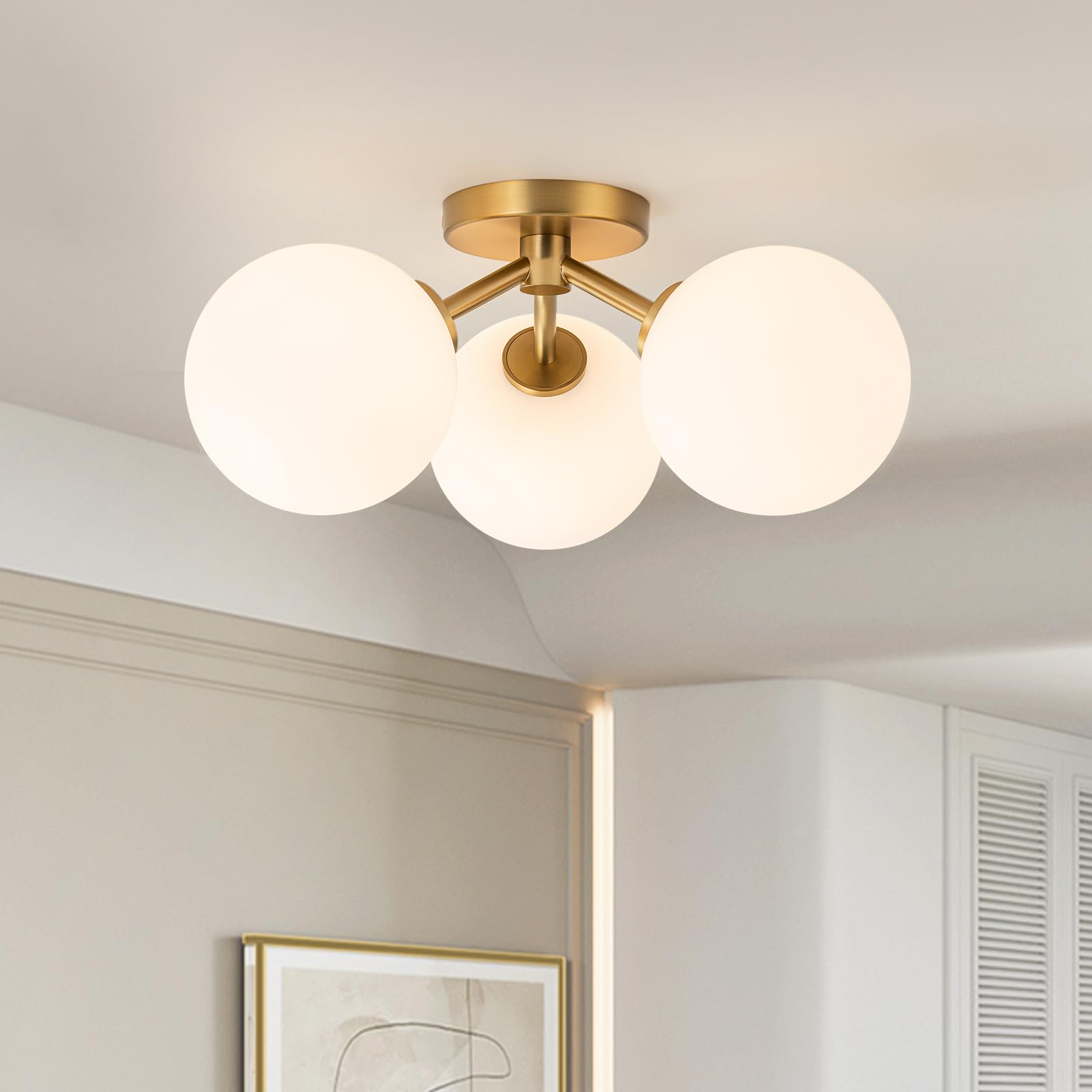 Gold Semi Flush Mount Ceiling Light Fixture 3 Light 18 inch,Opal Glass Globe Mid Century Modern Light Fixtures for Bedroom,Entryway,Hallway,Living Room,Kithcen,Dining Room