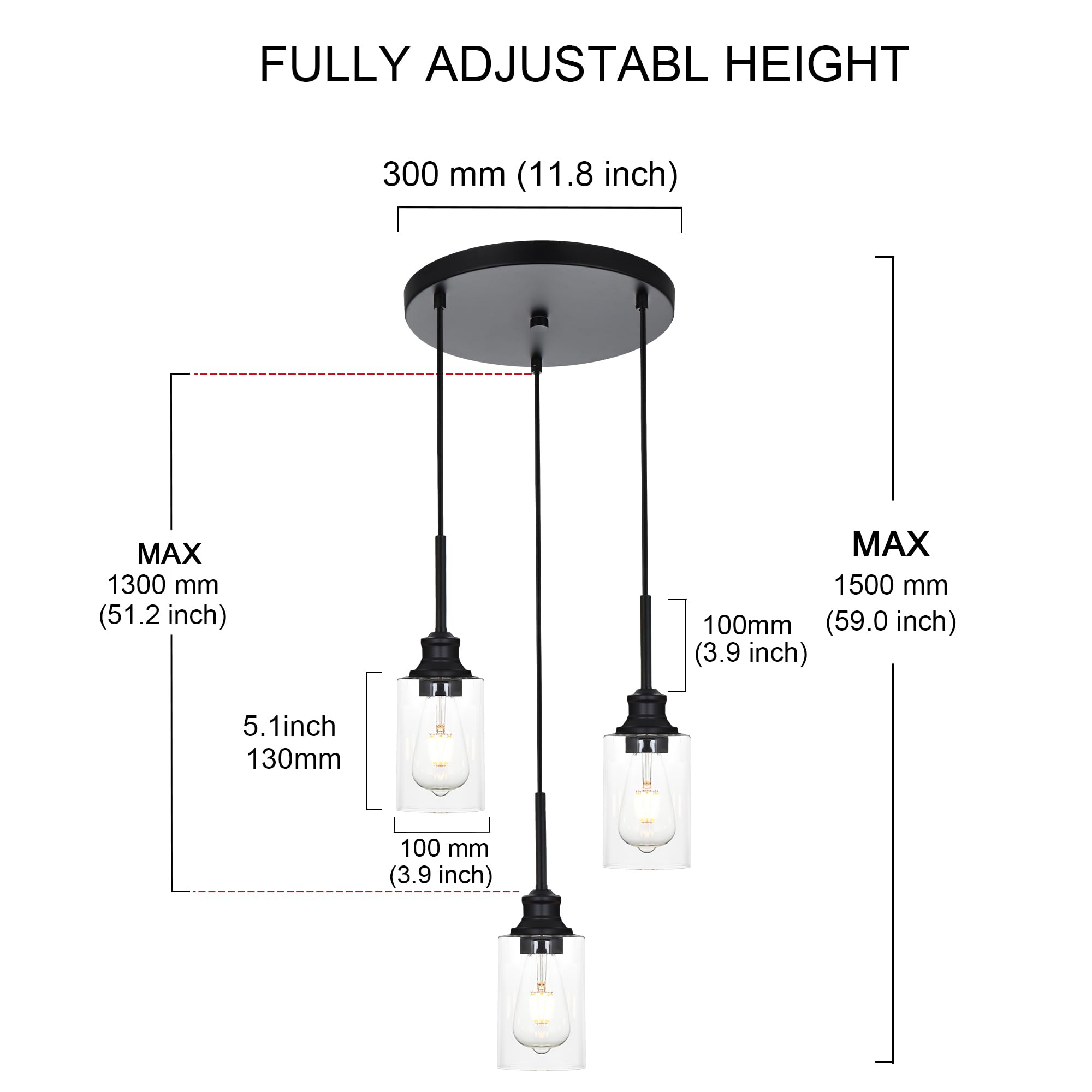 3-Light Kitchen Island Pendant Light Fixtures Hanging Black Farmhouse Pendant Lighting Cluster with Clear Glass Shade, Modern Industrial Linear Chandeliers Light for Dining Room Foyer Hallway