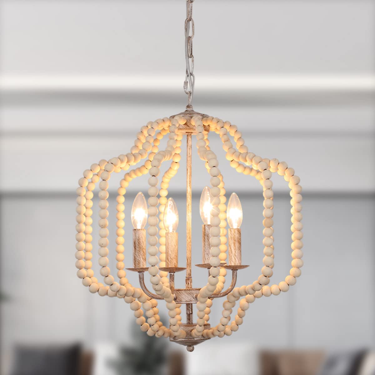 Modern Wooden Beads Dandelion Chandelier, Firework Pendant Lighting, 8-Lights Boho Hanging Light Fixture for Living Room Dining Room Bedroom Kitchen Foyer（Bulb is Included）