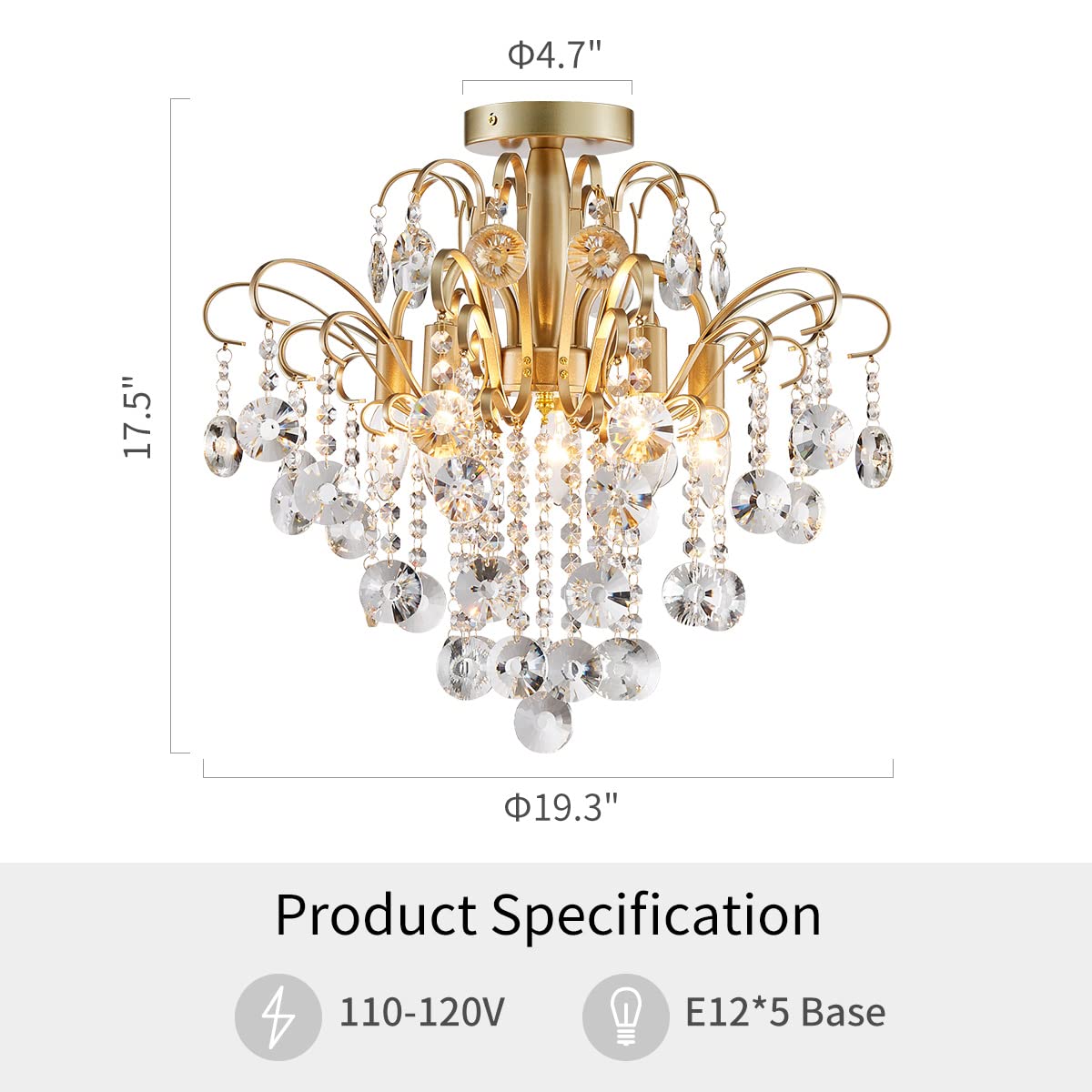 Crystal Chandelier Flushmount Ceiling Light Modern Lighting Fixture for Bedroom Hallway Bar Kitchen Bathroom, H 17.5'' x W 19.3'', E12 Base, Gold